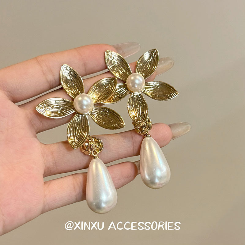 Gold Flowers Earrings For Women Featuring Electroplated Alloy With 925 Sterling Silver Ear Pins