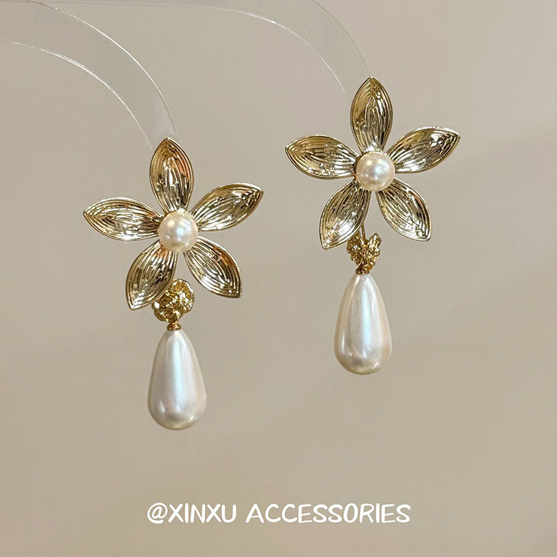 Gold Flowers Earrings For Women Featuring Electroplated Alloy With 925 Sterling Silver Ear Pins
