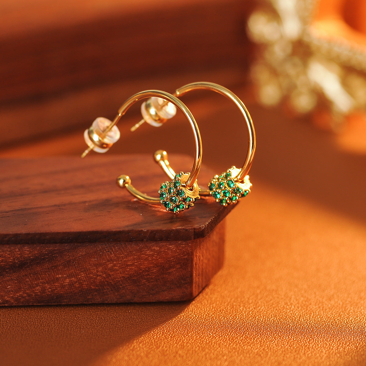 C Shape Earrings For Women In Green Brass With Zircon Inlay, 18K Real Gold Plated And 925 Sterling Silver Posts