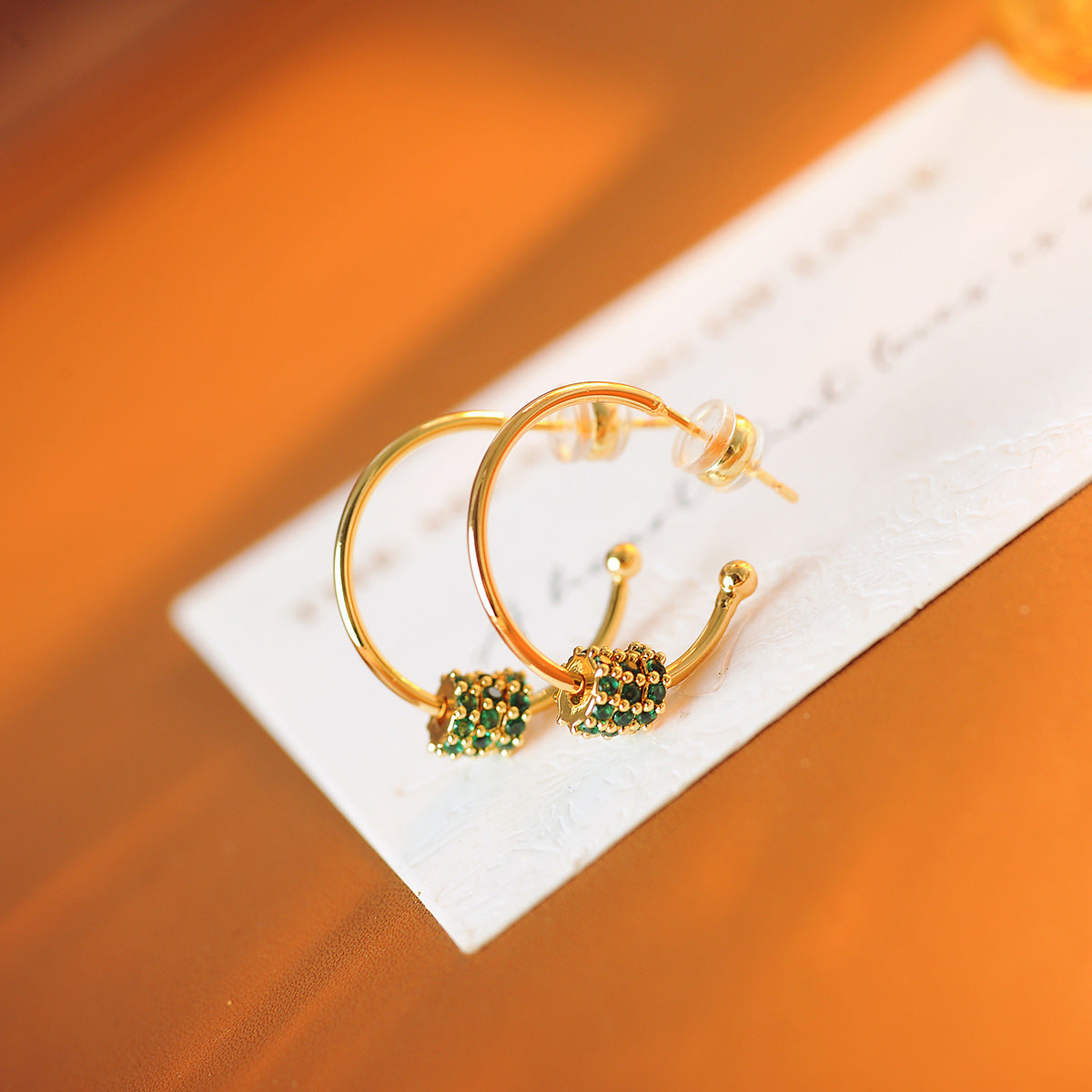 C Shape Earrings For Women In Green Brass With Zircon Inlay, 18K Real Gold Plated And 925 Sterling Silver Posts