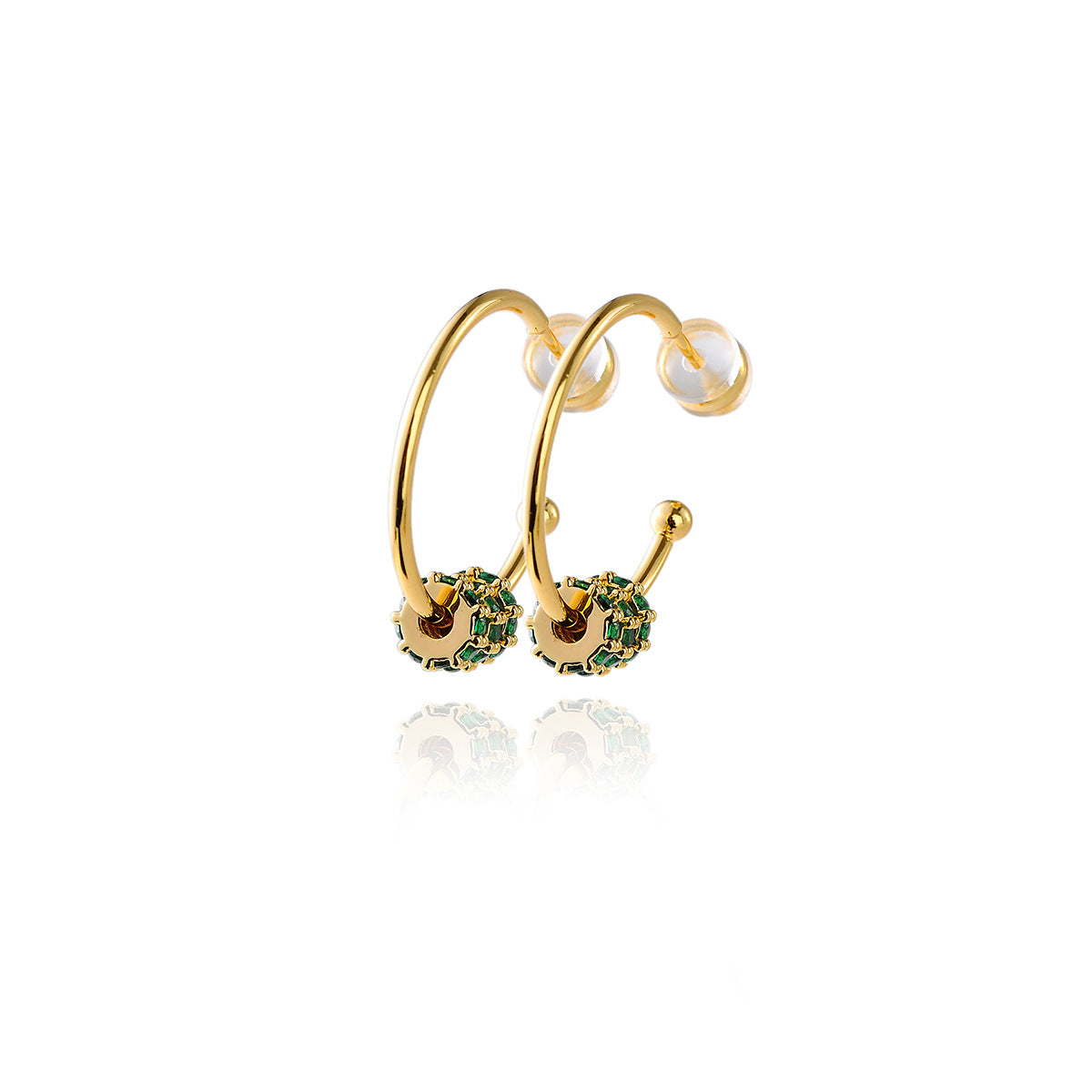 C Shape Earrings For Women In Green Brass With Zircon Inlay, 18K Real Gold Plated And 925 Sterling Silver Posts