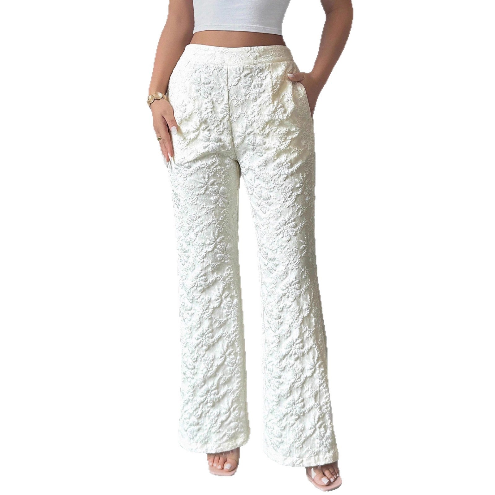 Casual Full Length Flared Pants With Floral Jacquard Pattern In Polyester Fabric, Inelastic Design