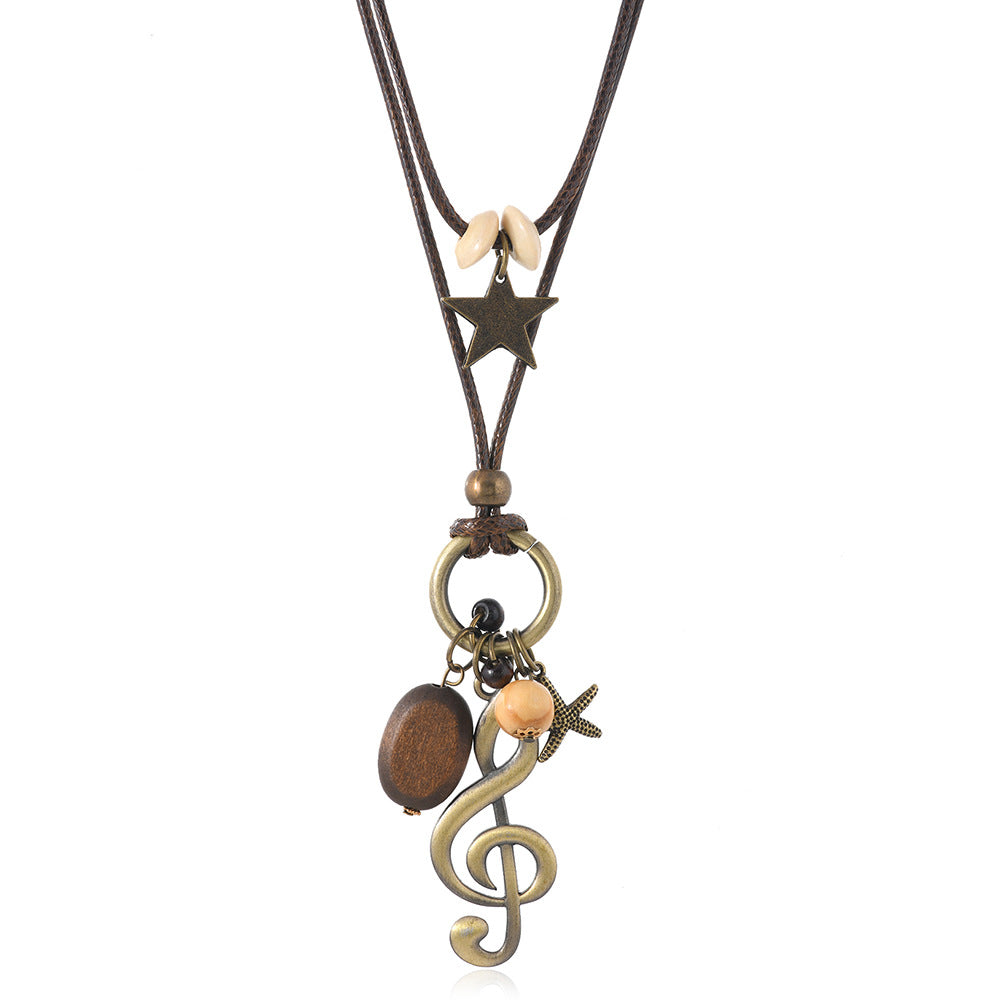 Handmade Bohemian Unisex Sweater Chain Necklace In Brown With Alloy Pendant, Crafted From Mixed Materials