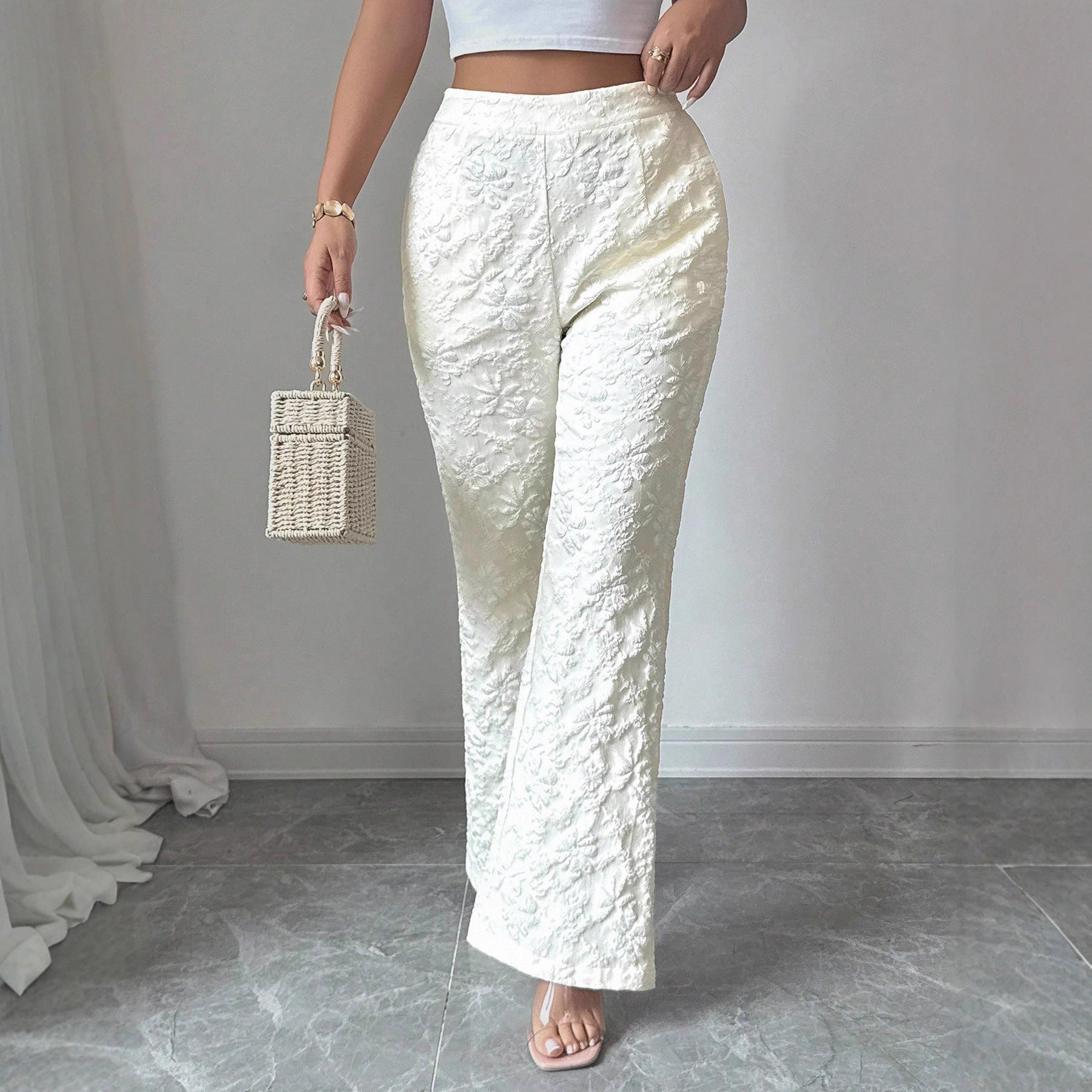 Casual Full Length Flared Pants With Floral Jacquard Pattern In Polyester Fabric, Inelastic Design