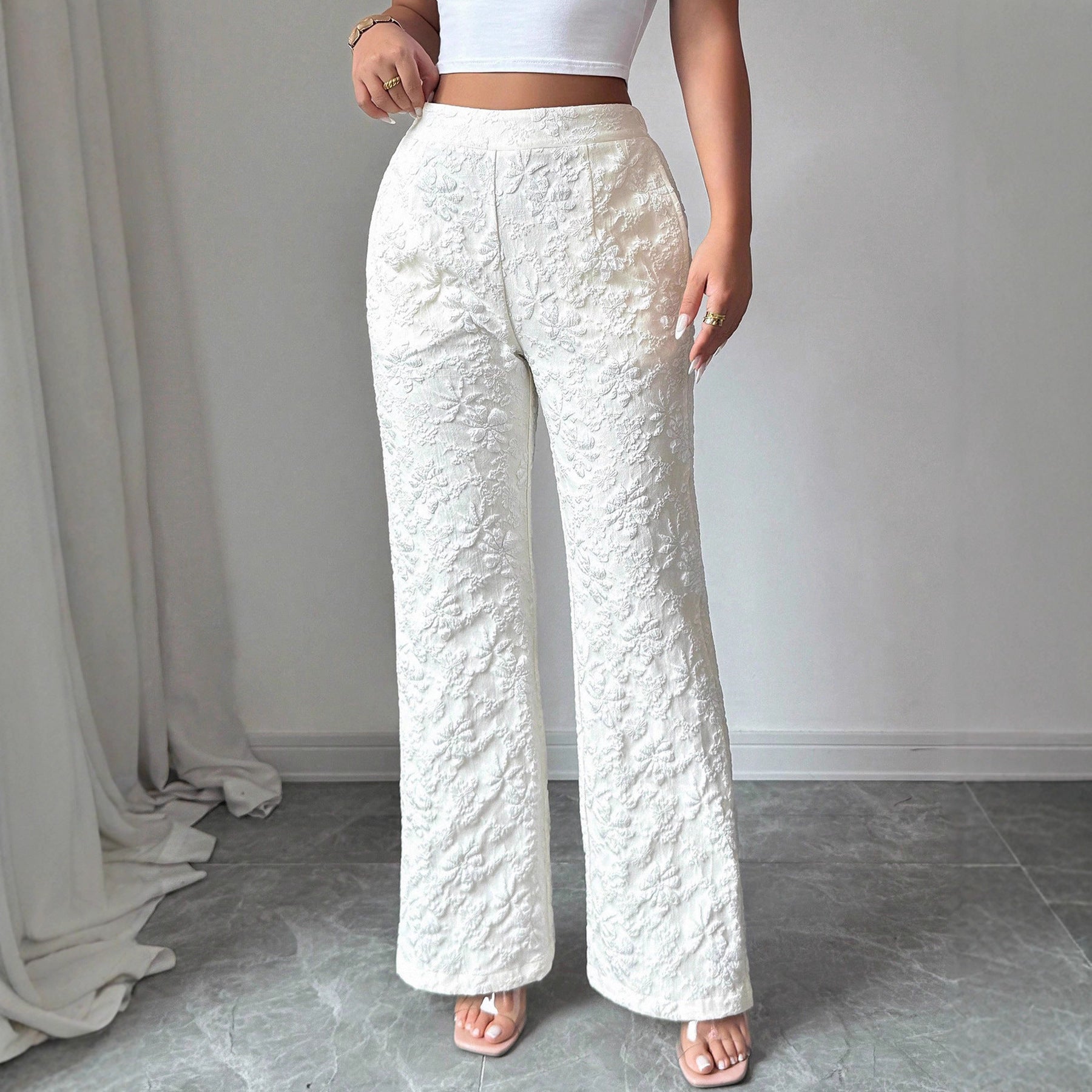 Casual Full Length Flared Pants With Floral Jacquard Pattern In Polyester Fabric, Inelastic Design