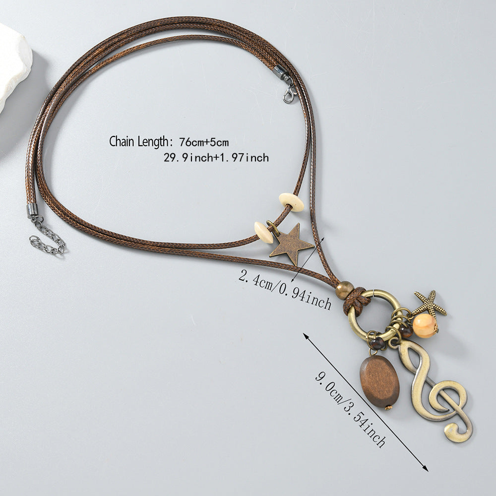 Handmade Bohemian Unisex Sweater Chain Necklace In Brown With Alloy Pendant, Crafted From Mixed Materials
