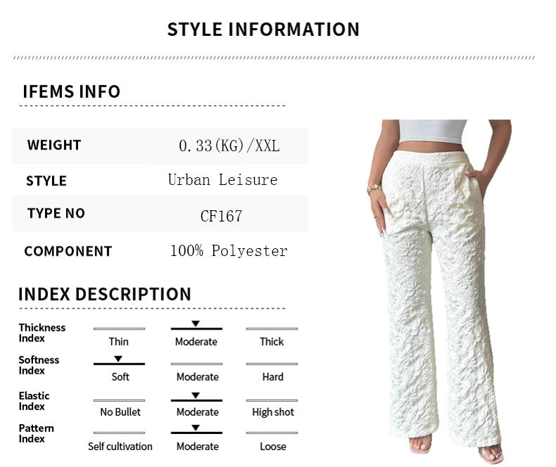 Casual Full Length Flared Pants With Floral Jacquard Pattern In Polyester Fabric, Inelastic Design