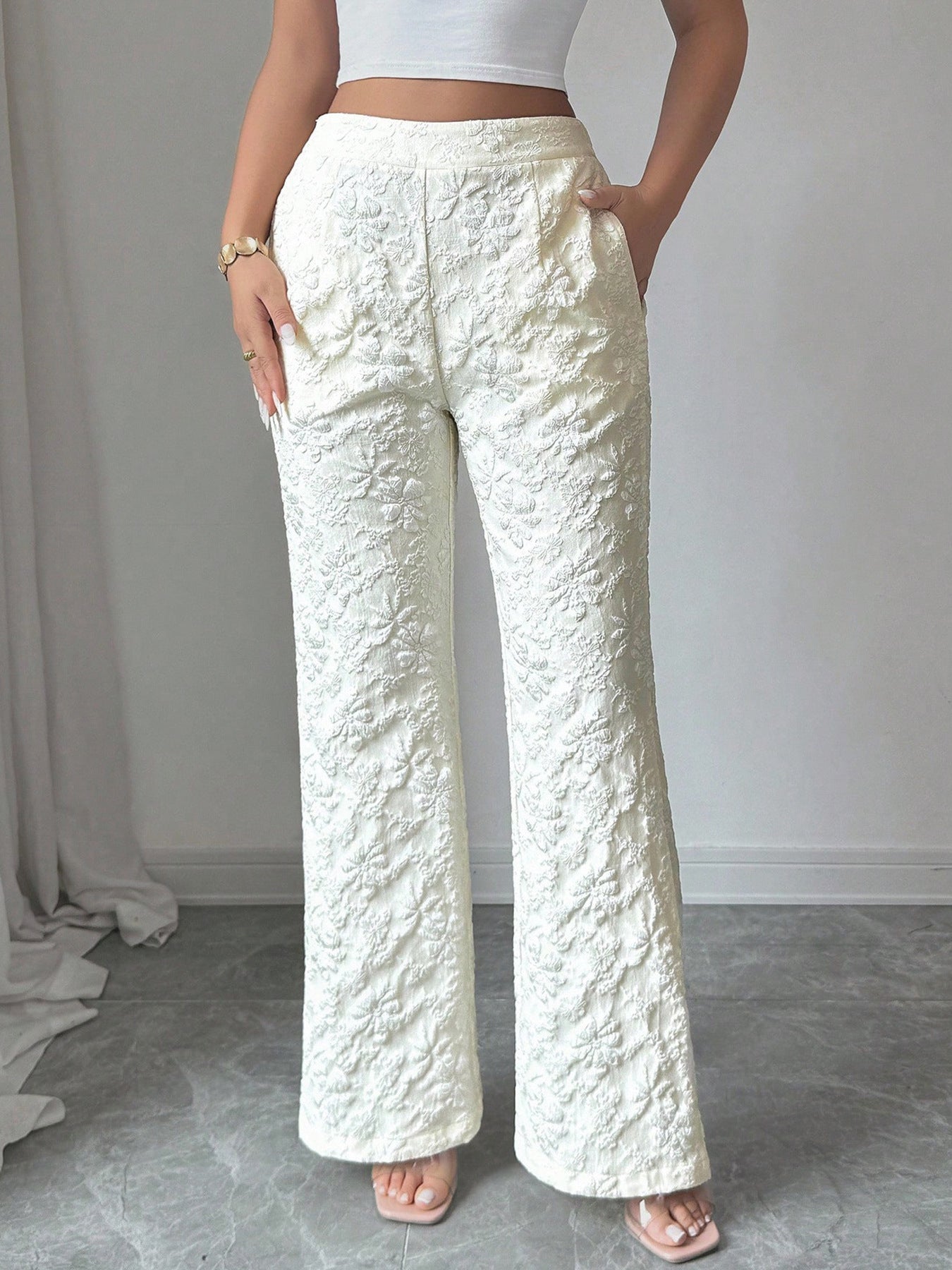 Casual Full Length Flared Pants With Floral Jacquard Pattern In Polyester Fabric, Inelastic Design