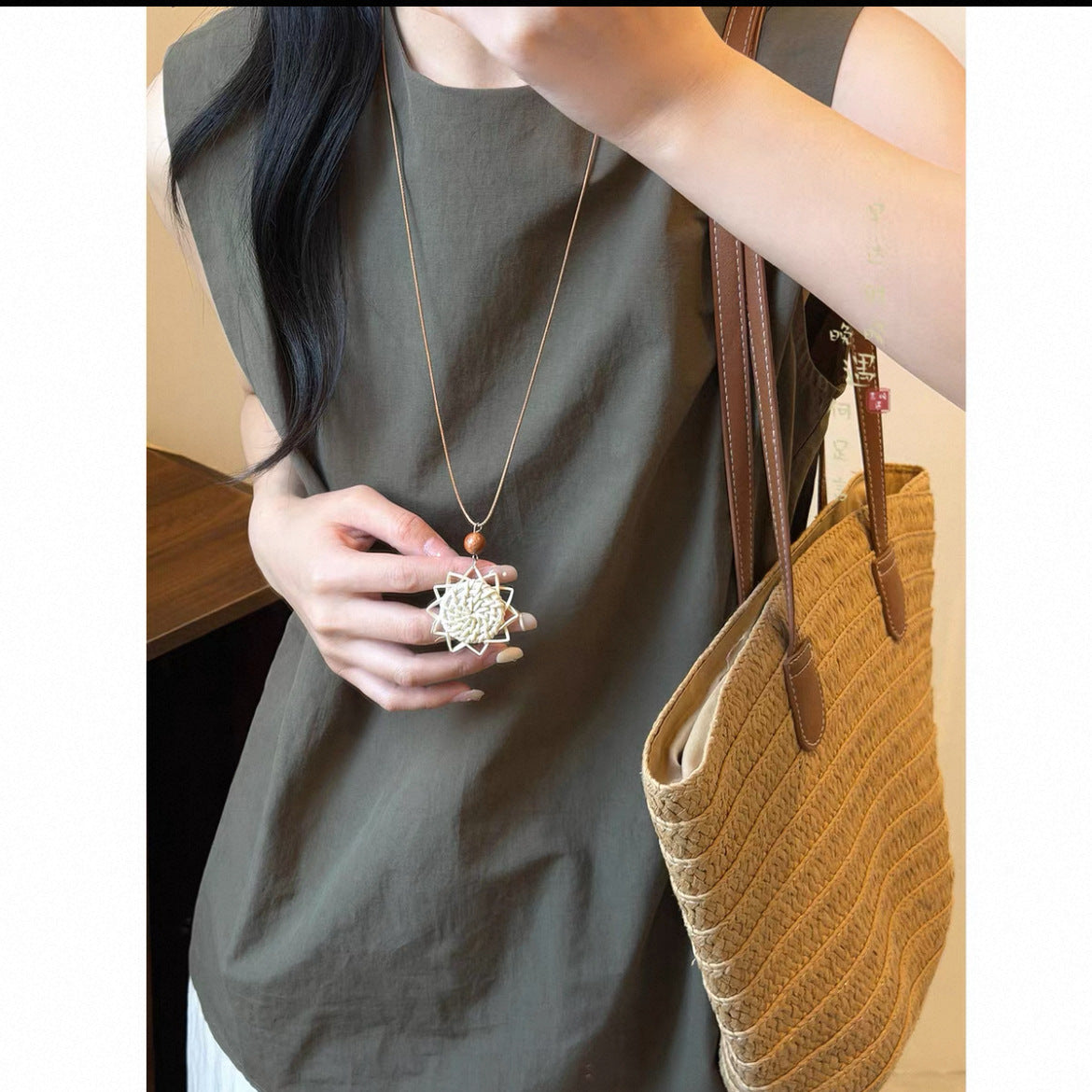 Bohemian Geometric Long Necklace For Women With Coffer Straw Braid And Woven Chain