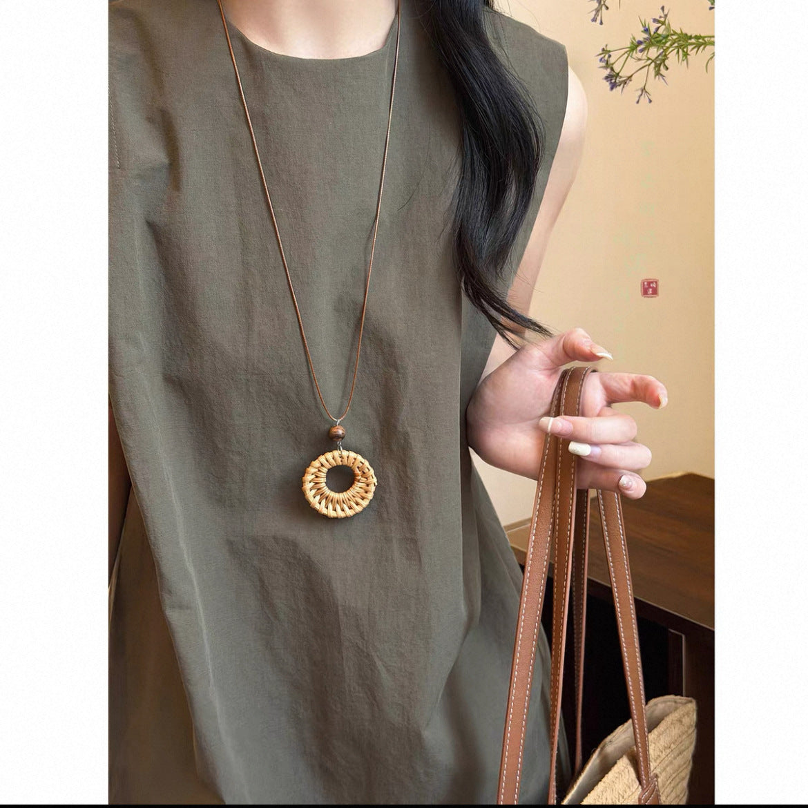 Bohemian Geometric Long Necklace For Women With Coffer Straw Braid And Woven Chain