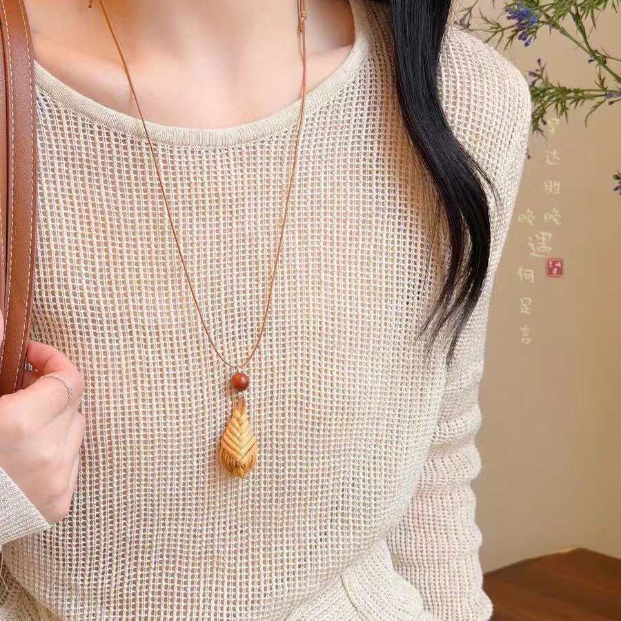 Bohemian Geometric Long Necklace For Women With Coffer Straw Braid And Woven Chain