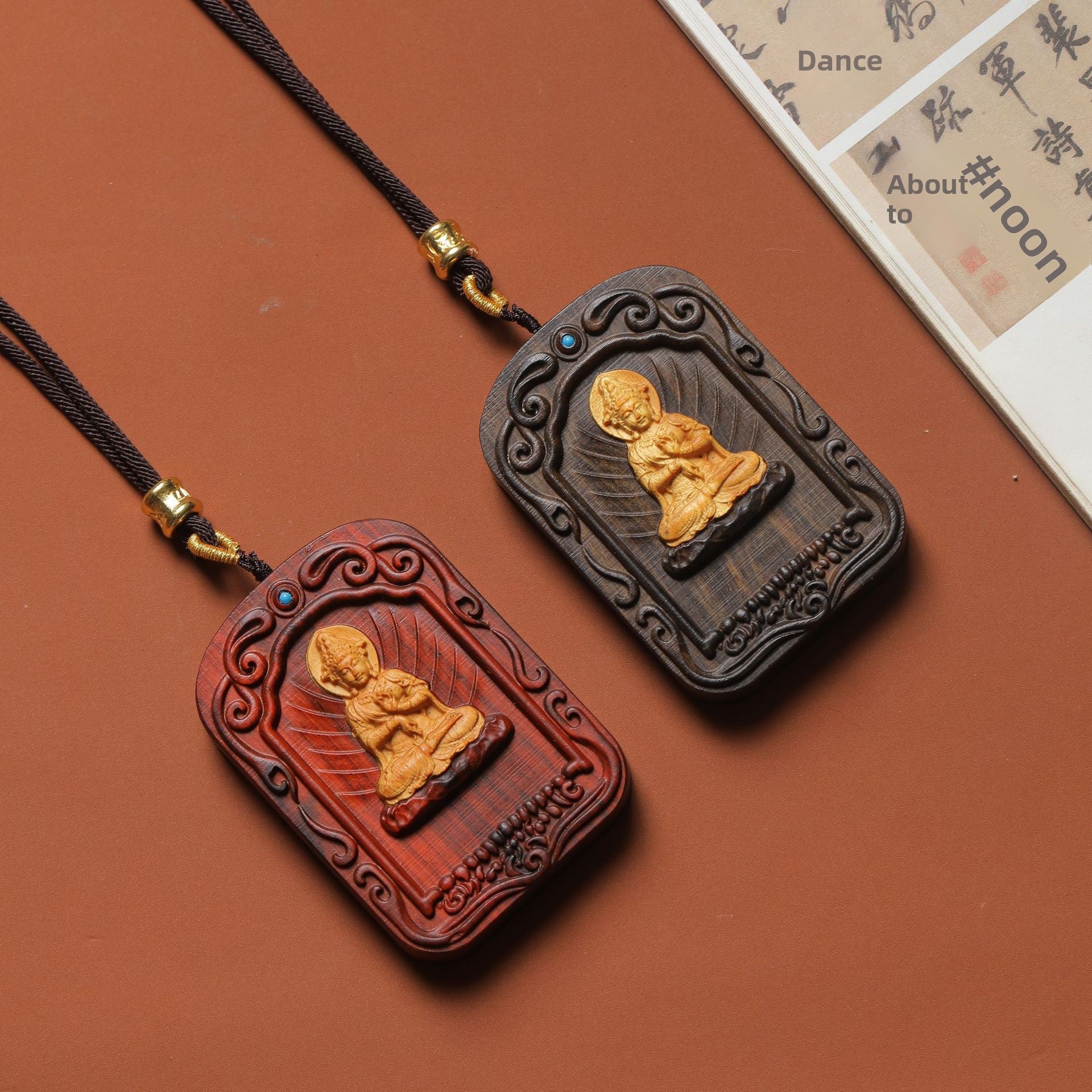 Ethnic Style Wood Buddha Pendant Featuring Intricate Carving, Perfect For Spring Wear