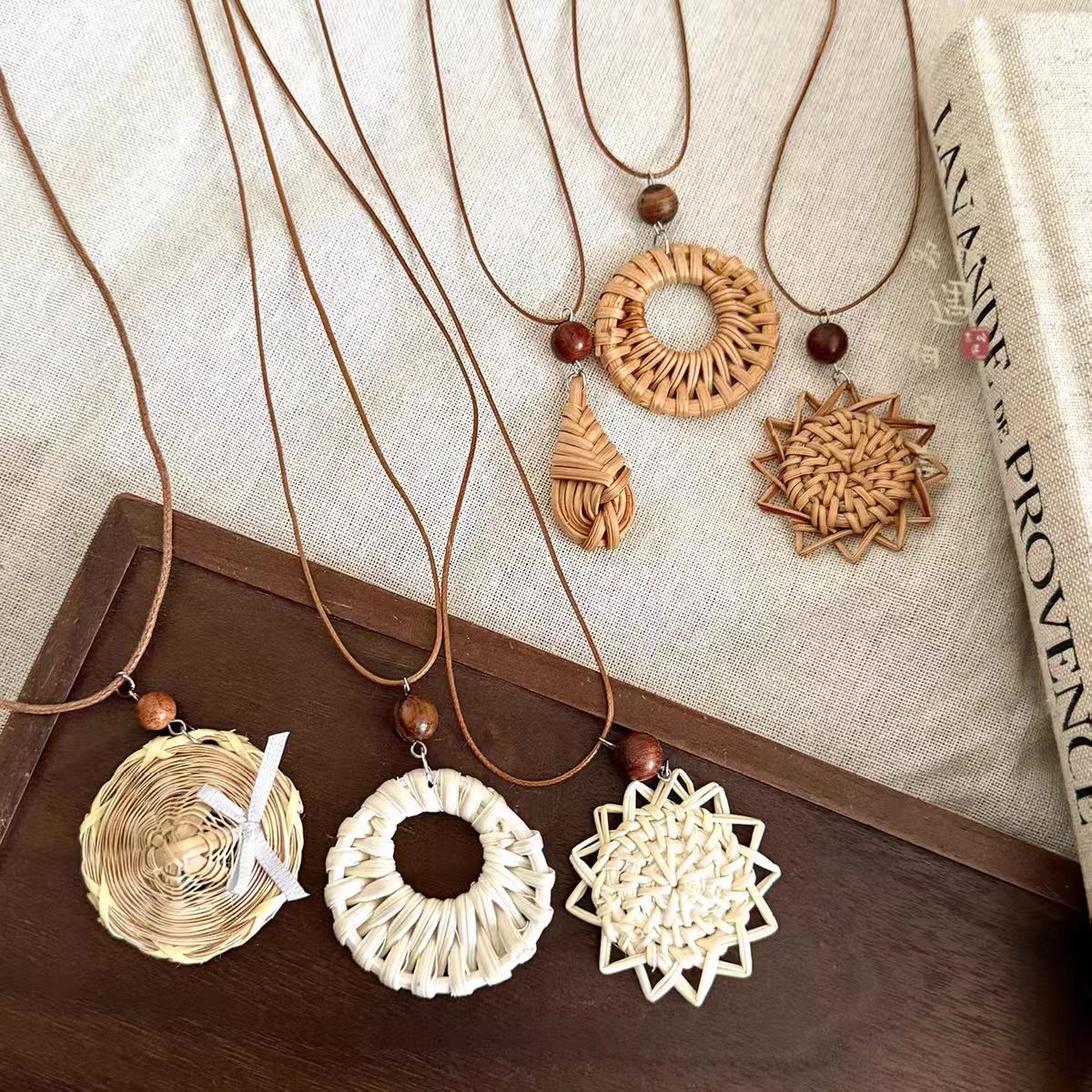 Bohemian Geometric Long Necklace For Women With Coffer Straw Braid And Woven Chain