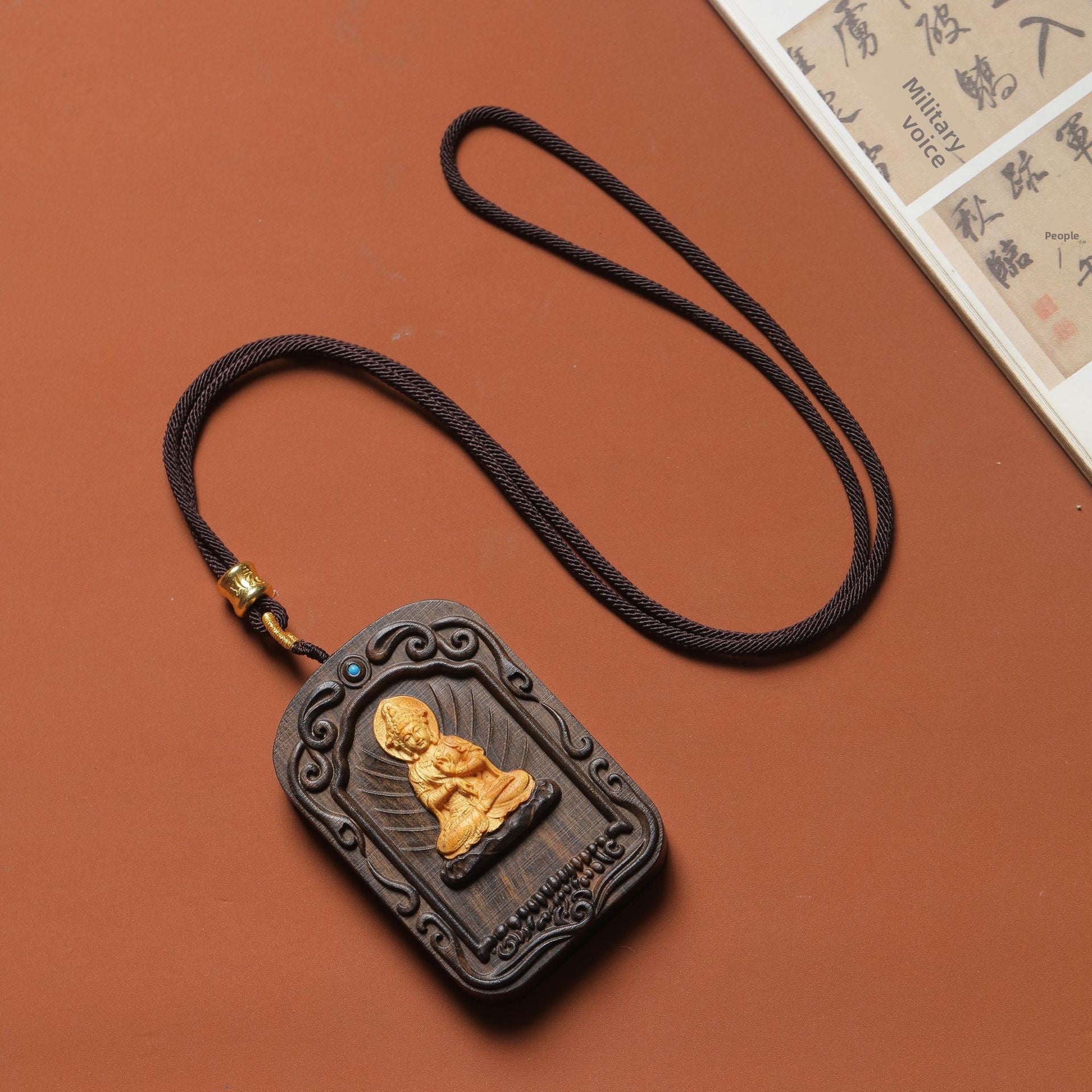 Ethnic Style Wood Buddha Pendant Featuring Intricate Carving, Perfect For Spring Wear