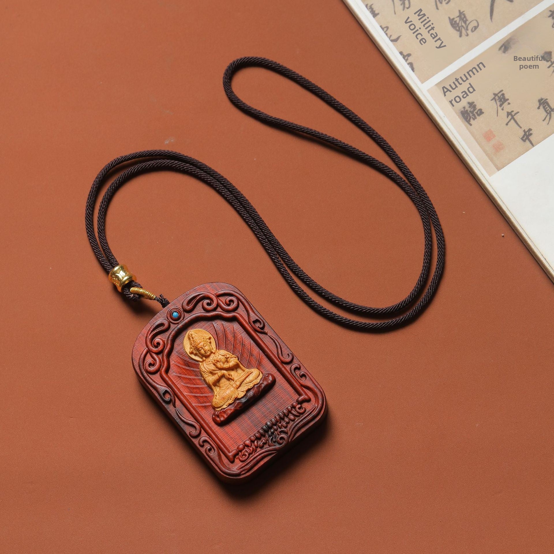 Ethnic Style Wood Buddha Pendant Featuring Intricate Carving, Perfect For Spring Wear
