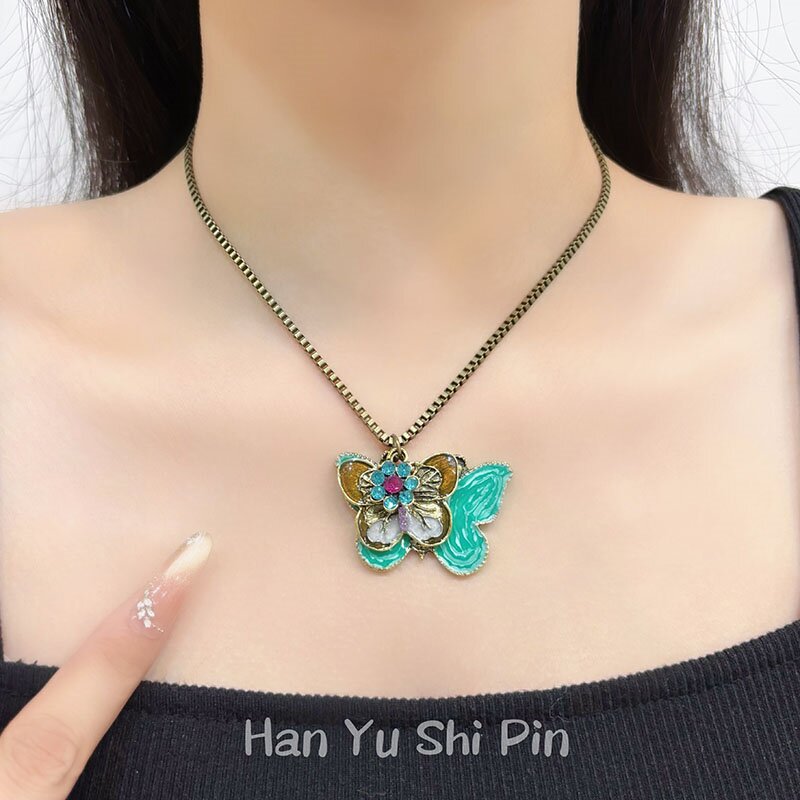 Bohemian Green Butterfly Necklace For Women, Electroplated Alloy Pendant Jewelry