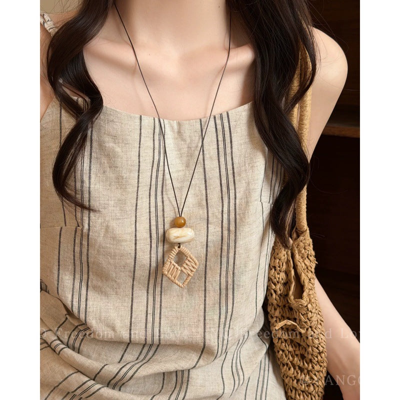 Ethnic Style Long Necklace For Women With Braid Craft And Woven Chain In Mixed Materials