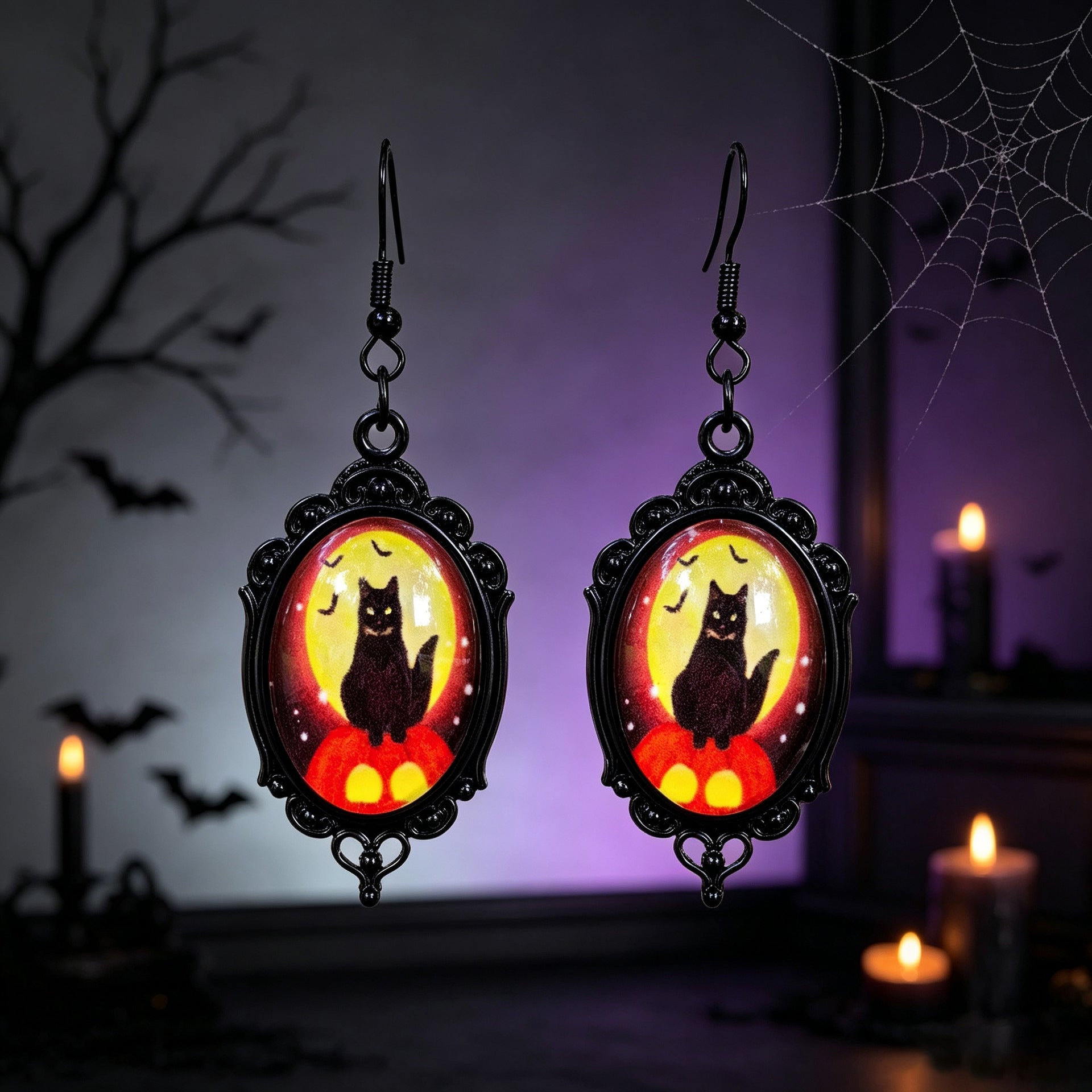 Gothic Halloween Cat Earrings For Unisex Featuring Zinc Alloy And Gem Inlay