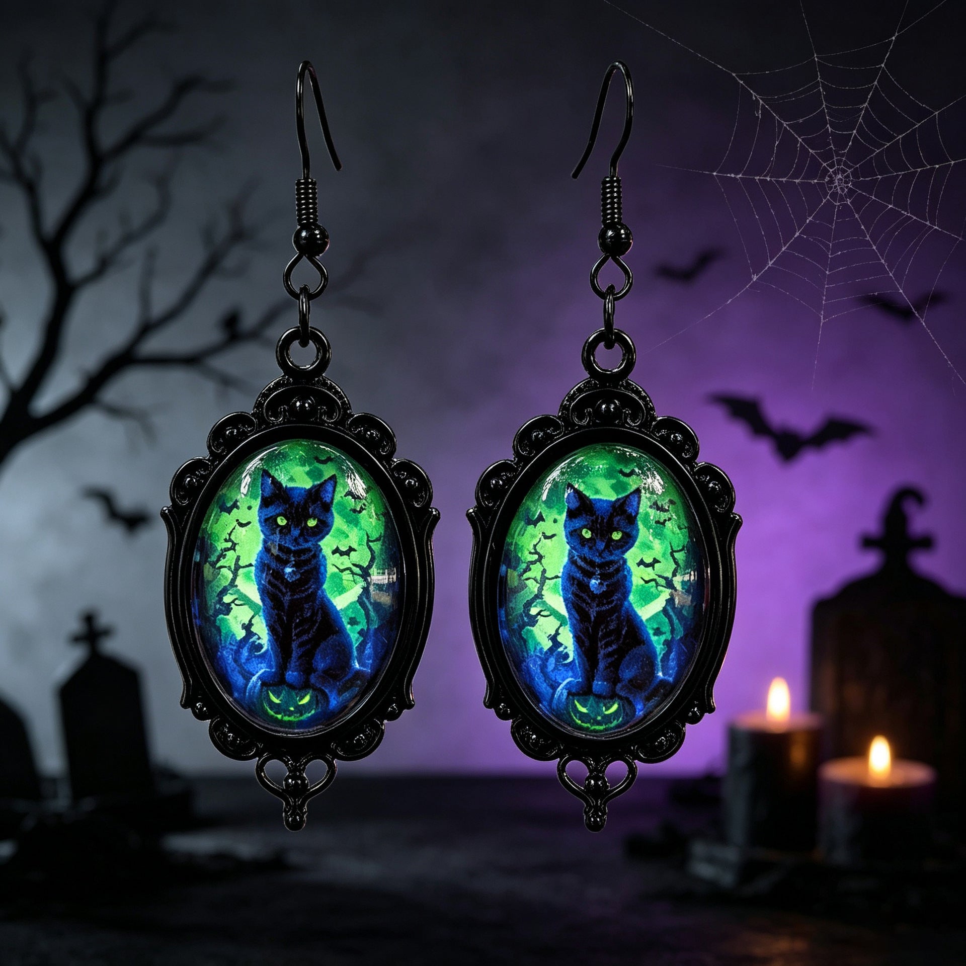 Gothic Halloween Cat Earrings For Unisex Featuring Zinc Alloy And Gem Inlay