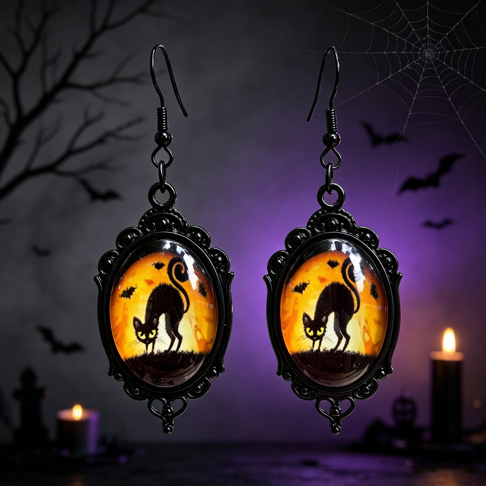 Gothic Halloween Cat Earrings For Unisex Featuring Zinc Alloy And Gem Inlay