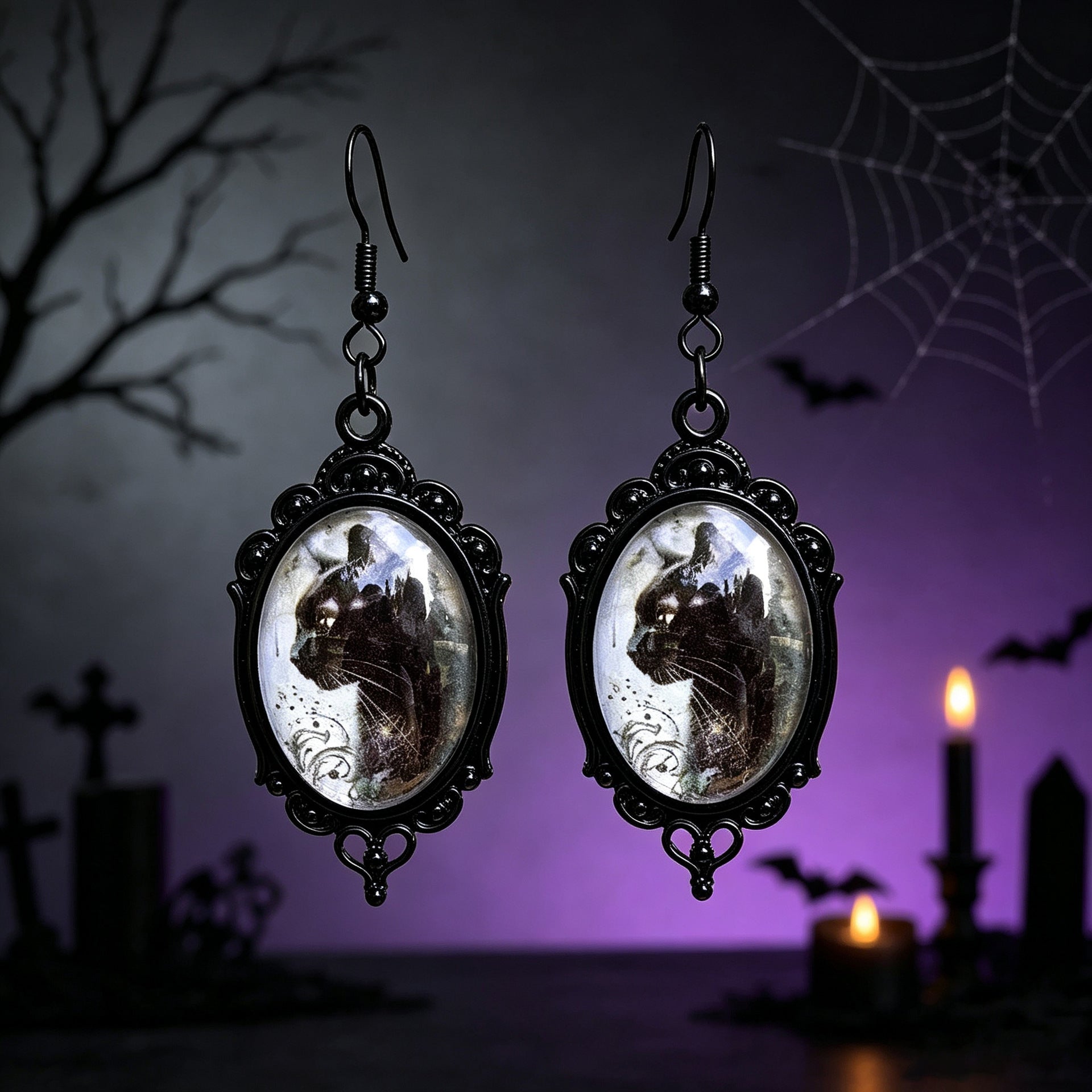 Gothic Halloween Cat Earrings For Unisex Featuring Zinc Alloy And Gem Inlay