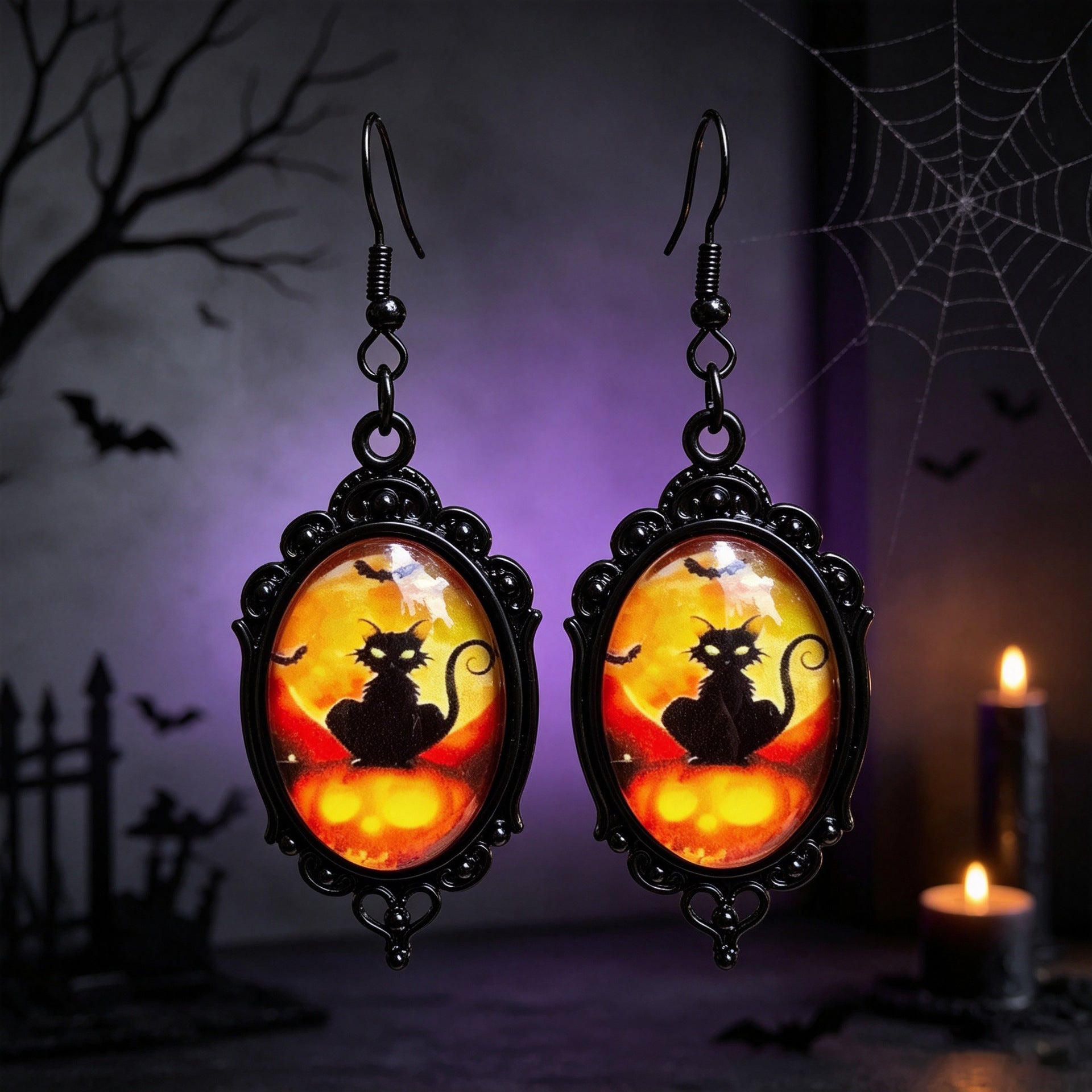 Gothic Halloween Cat Earrings For Unisex Featuring Zinc Alloy And Gem Inlay