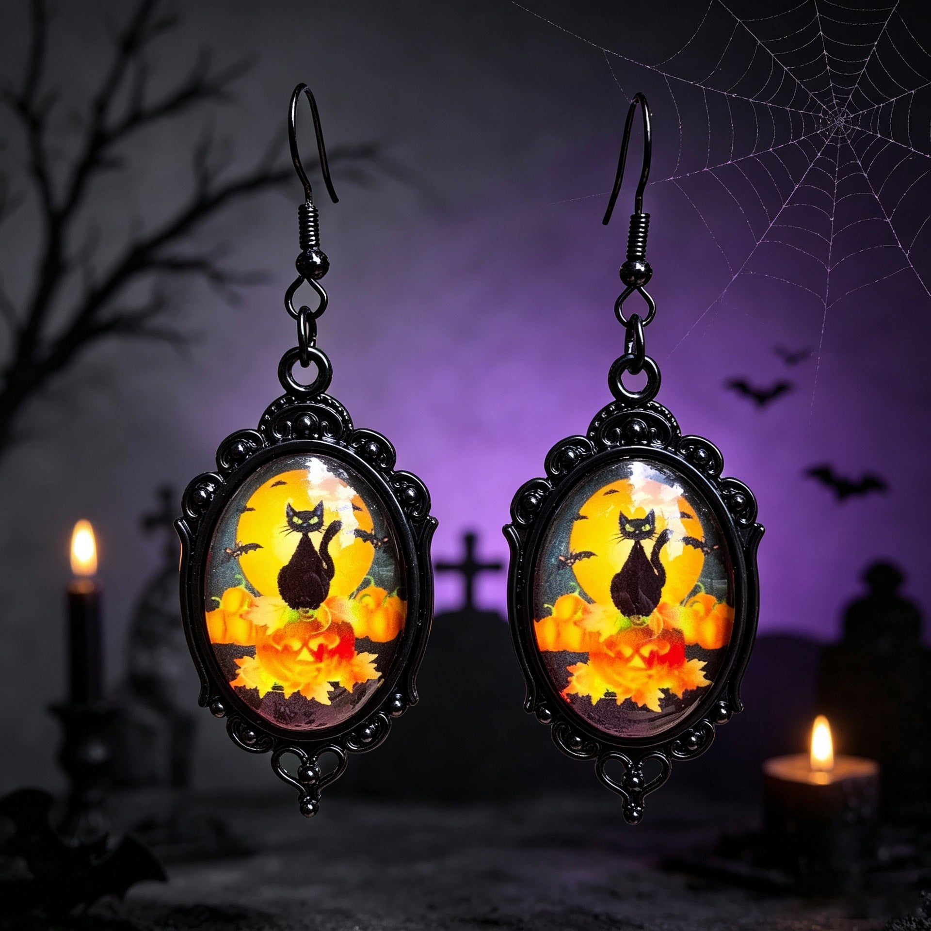 Gothic Halloween Cat Earrings For Unisex Featuring Zinc Alloy And Gem Inlay