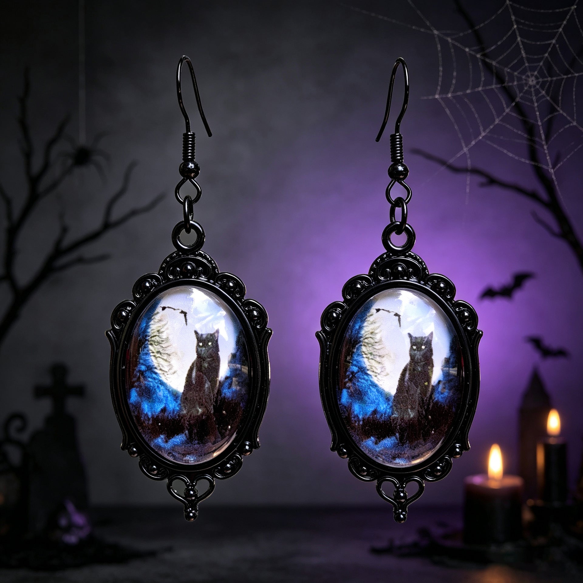 Gothic Halloween Cat Earrings For Unisex Featuring Zinc Alloy And Gem Inlay