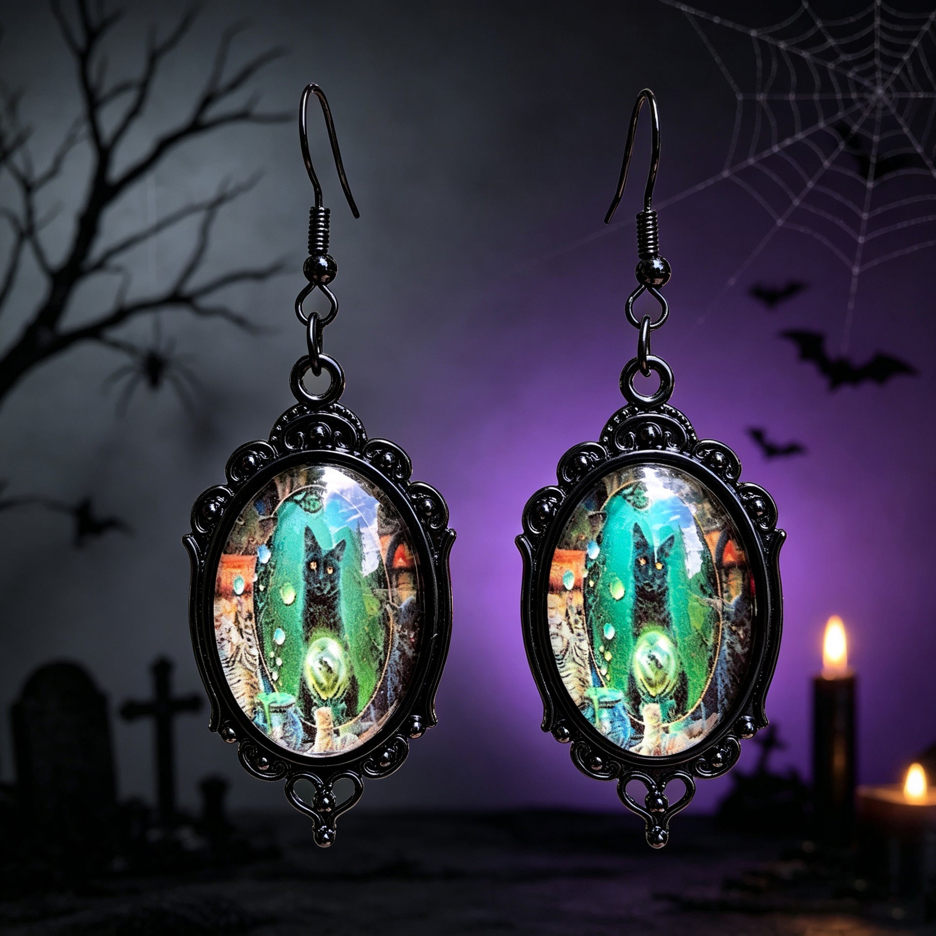 Gothic Halloween Cat Earrings For Unisex Featuring Zinc Alloy And Gem Inlay