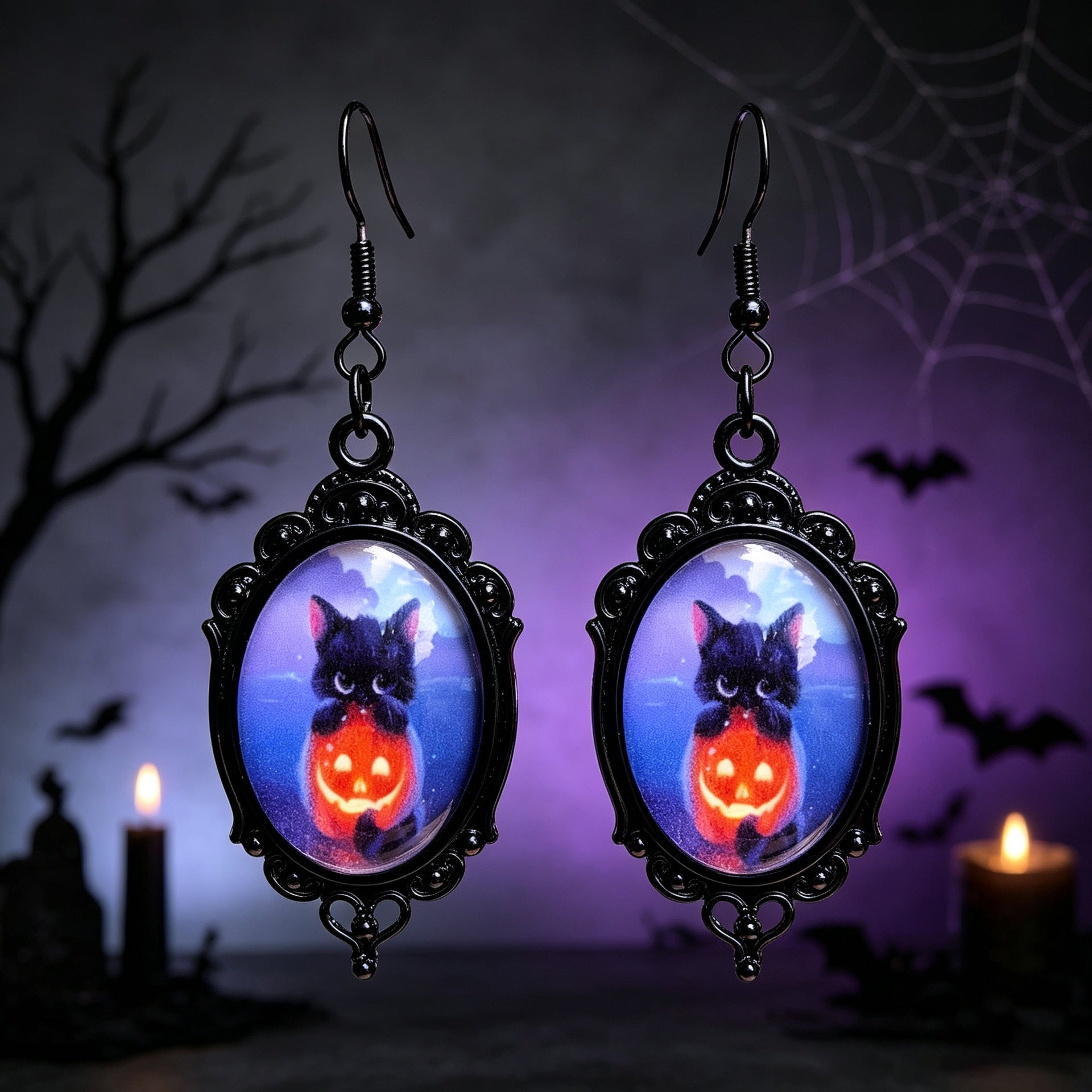 Gothic Halloween Cat Earrings For Unisex Featuring Zinc Alloy And Gem Inlay