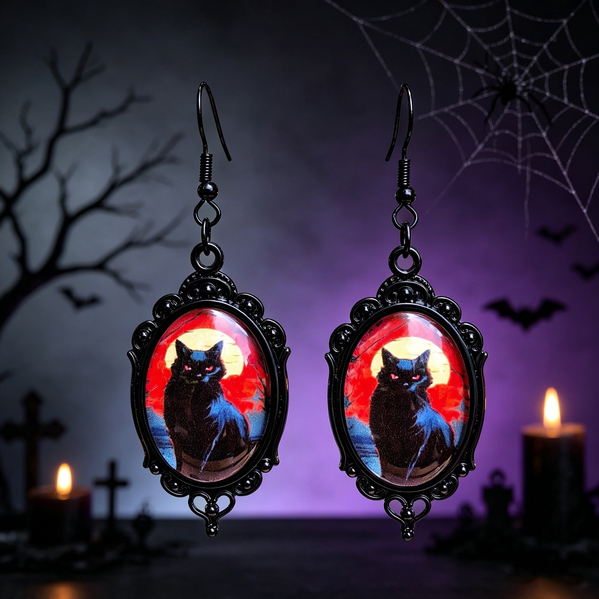 Gothic Halloween Cat Earrings For Unisex Featuring Zinc Alloy And Gem Inlay