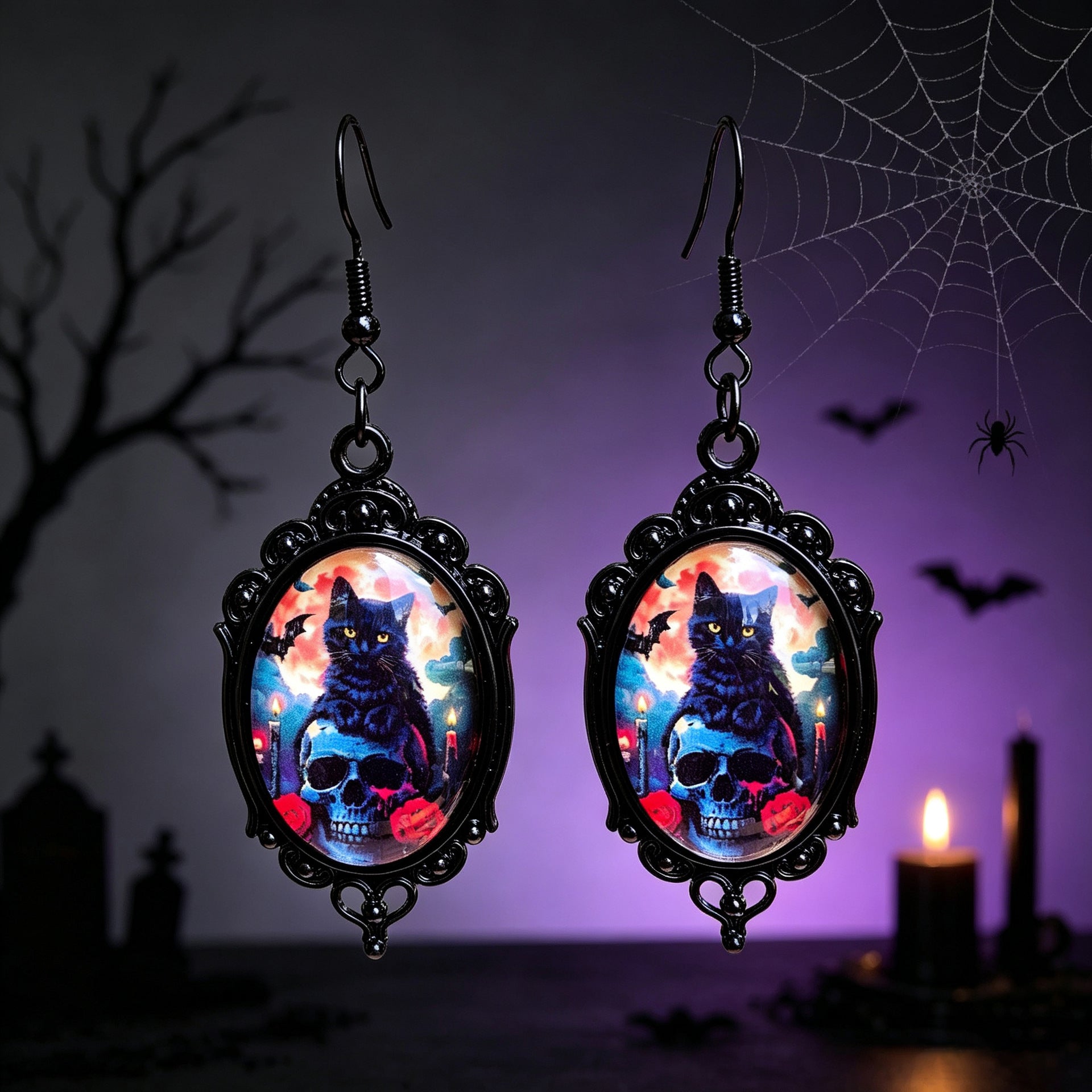 Gothic Halloween Cat Earrings For Unisex Featuring Zinc Alloy And Gem Inlay