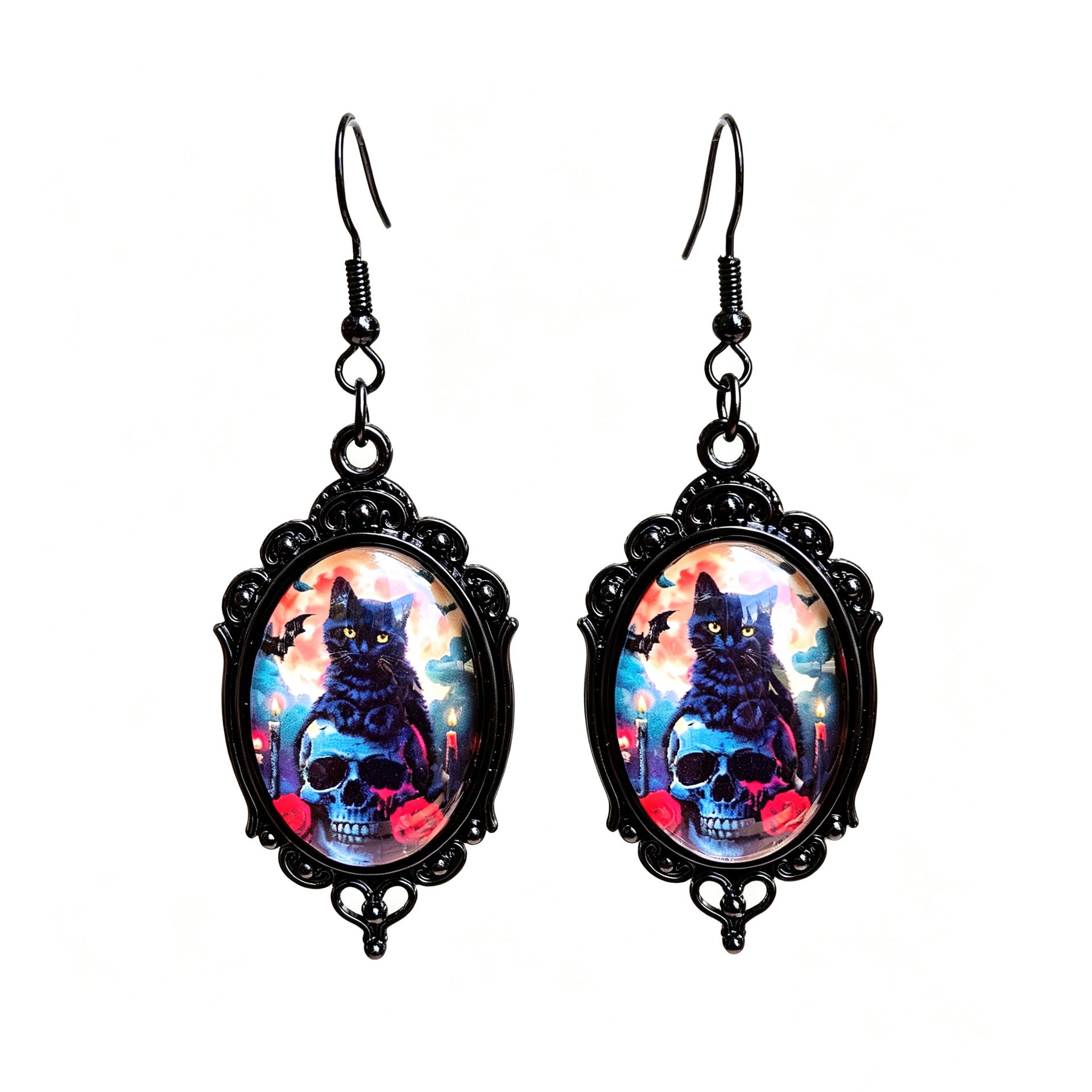 Gothic Halloween Cat Earrings For Unisex Featuring Zinc Alloy And Gem Inlay