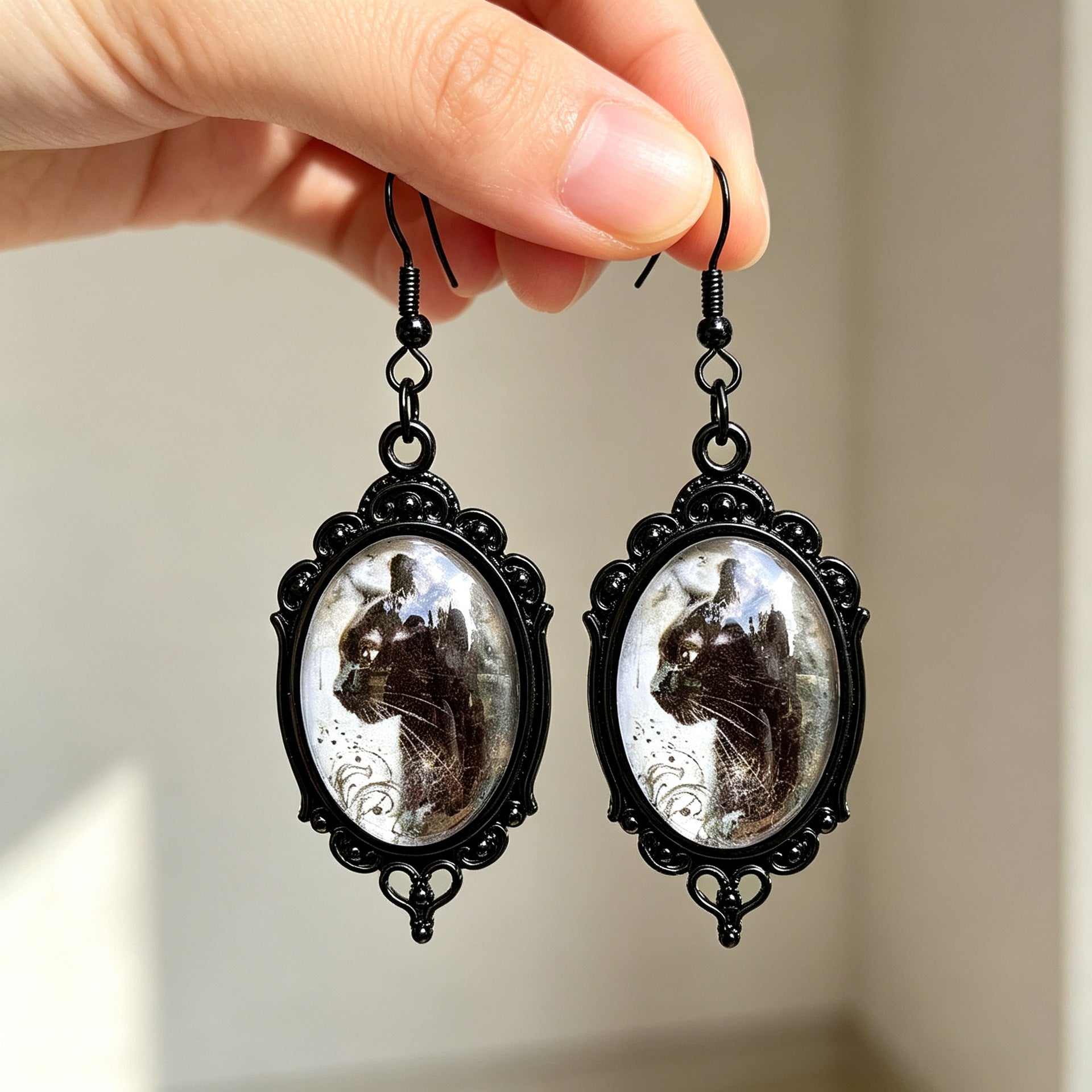 Gothic Halloween Cat Earrings For Unisex Featuring Zinc Alloy And Gem Inlay