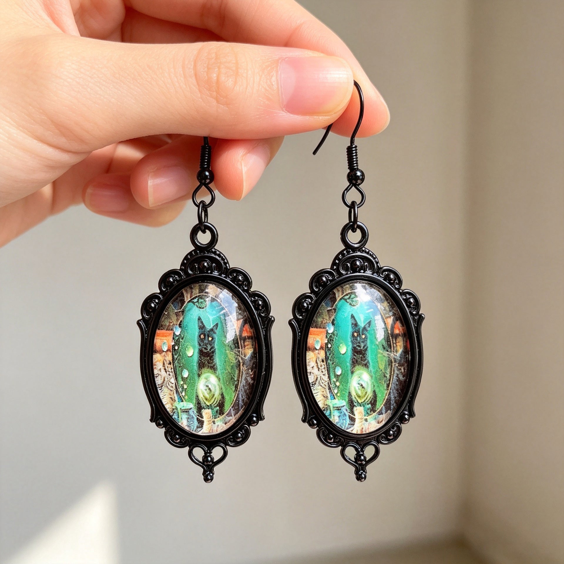 Gothic Halloween Cat Earrings For Unisex Featuring Zinc Alloy And Gem Inlay