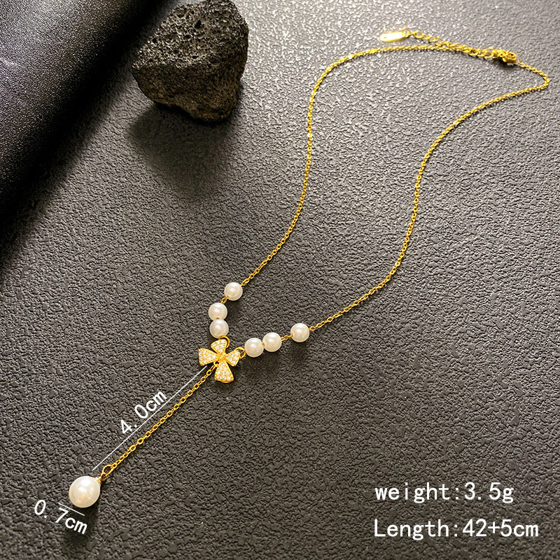 Luxurious Gold Bow Tie Tassel Necklace For Women With Zircon Inlay And 304 Stainless Steel Snake Chain