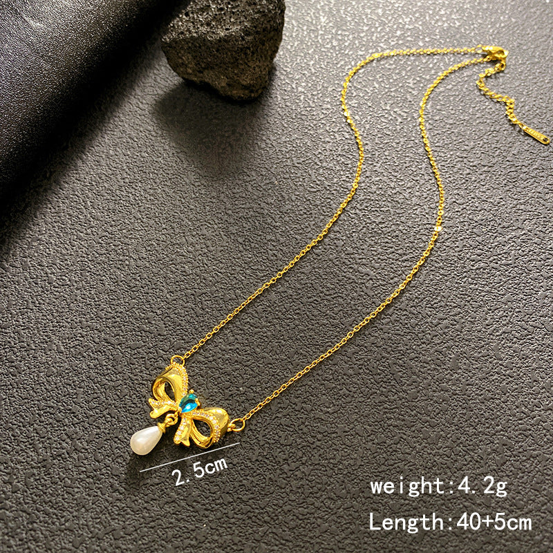 Luxurious Gold Bow Tie Tassel Necklace For Women With Zircon Inlay And 304 Stainless Steel Snake Chain