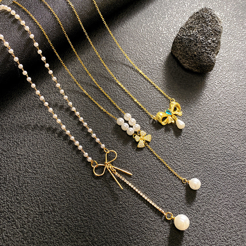 Luxurious Gold Bow Tie Tassel Necklace For Women With Zircon Inlay And 304 Stainless Steel Snake Chain