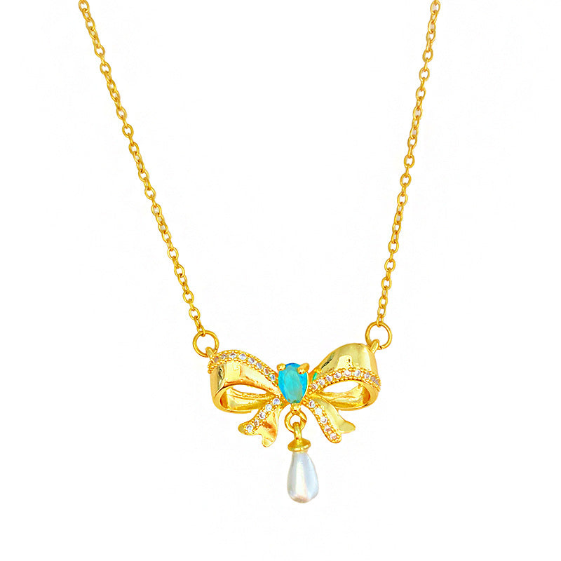Luxurious Gold Bow Tie Tassel Necklace For Women With Zircon Inlay And 304 Stainless Steel Snake Chain