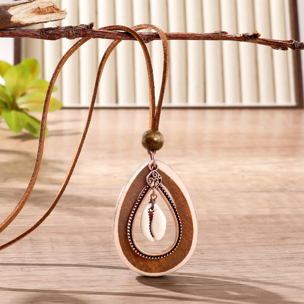 Bohemian Women’s Necklace Jewelry Set Featuring Water Droplets Pattern With Electroplated Shell And Wood Materials