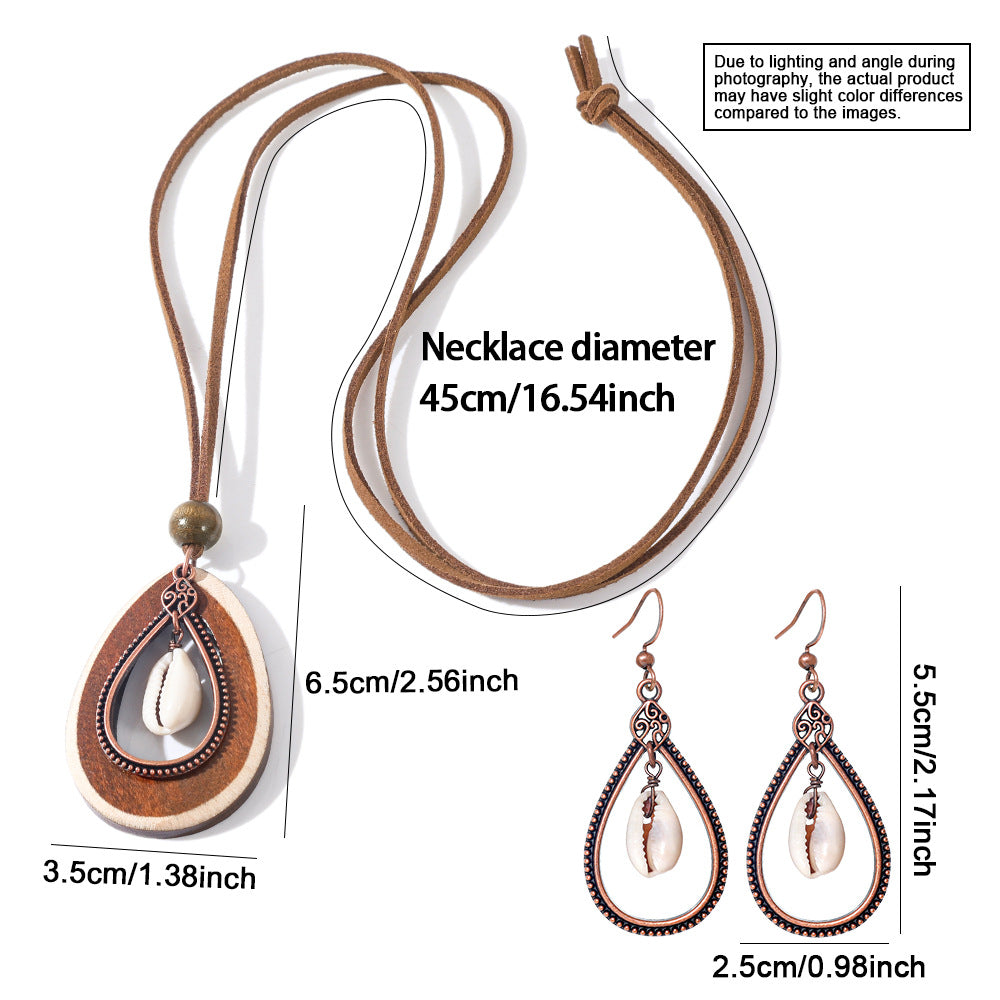 Bohemian Women’s Necklace Jewelry Set Featuring Water Droplets Pattern With Electroplated Shell And Wood Materials