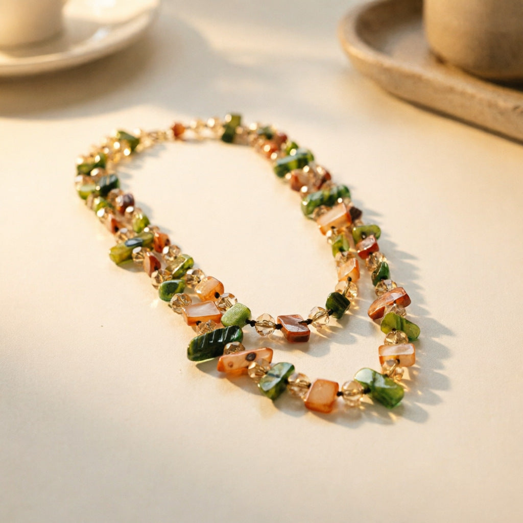 Bohemian Double Layer Shell Necklace For Women With Beaded Chain And Shell Inlay, Featuring Colourful Beading