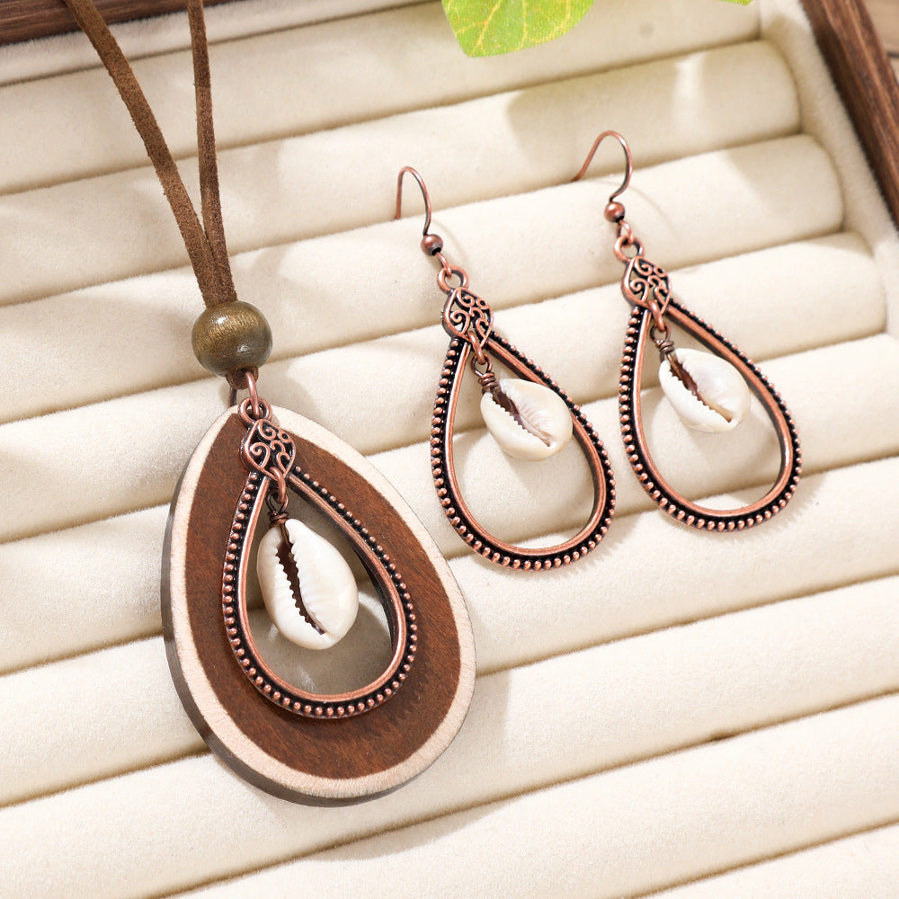 Bohemian Women’s Necklace Jewelry Set Featuring Water Droplets Pattern With Electroplated Shell And Wood Materials