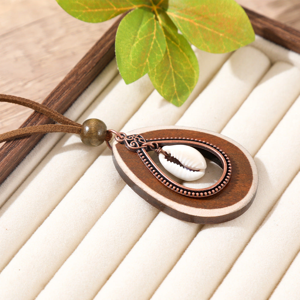 Bohemian Women’s Necklace Jewelry Set Featuring Water Droplets Pattern With Electroplated Shell And Wood Materials