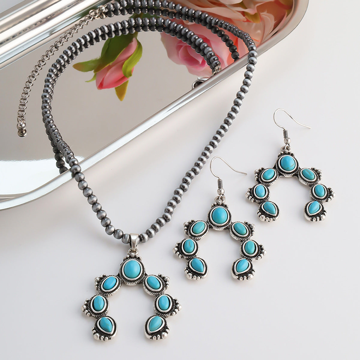Bohemian Handmade Natural Stone Necklace For Women Featuring Turquoise Inlay And Cross Pattern