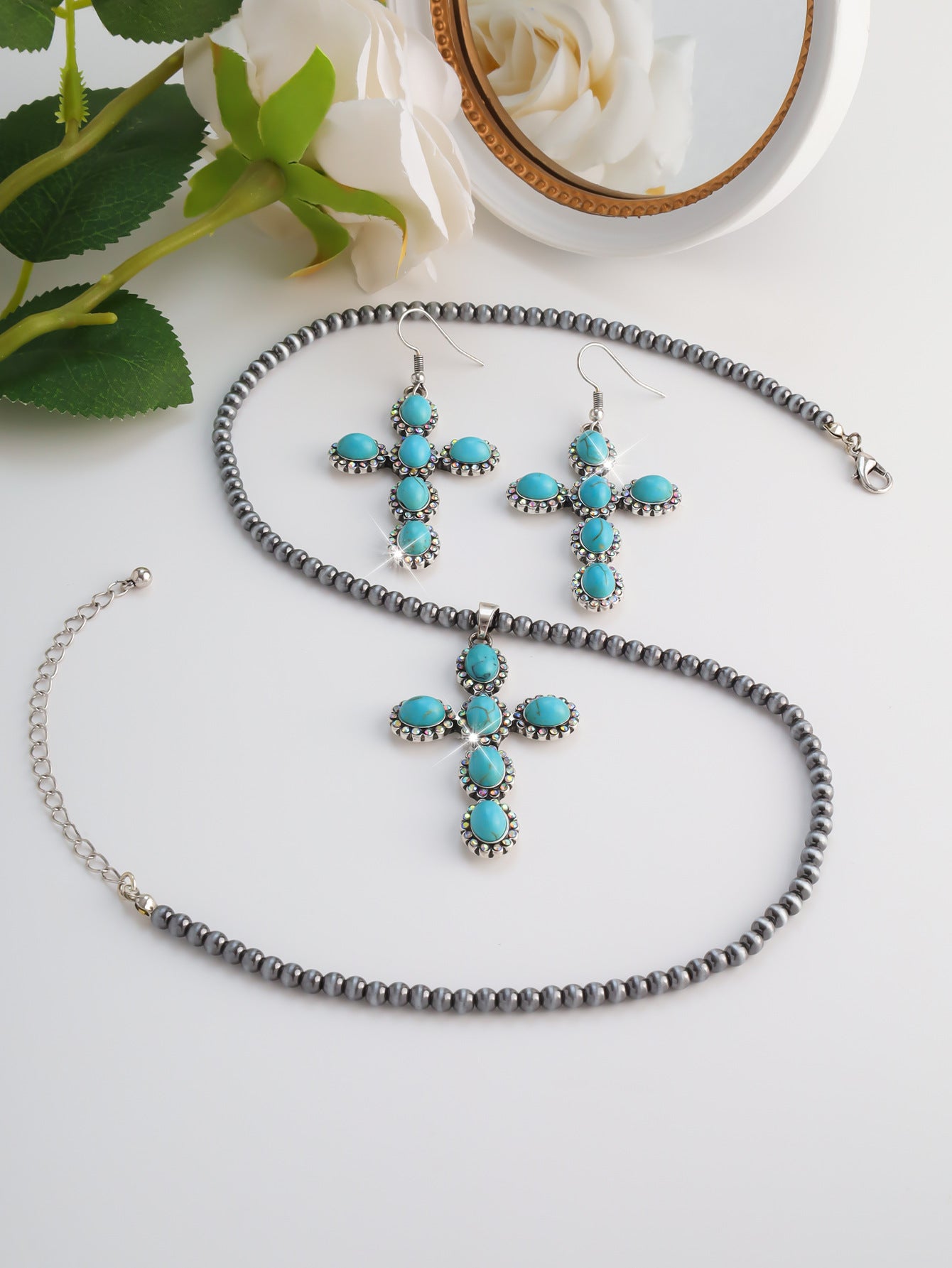 Bohemian Handmade Natural Stone Necklace For Women Featuring Turquoise Inlay And Cross Pattern