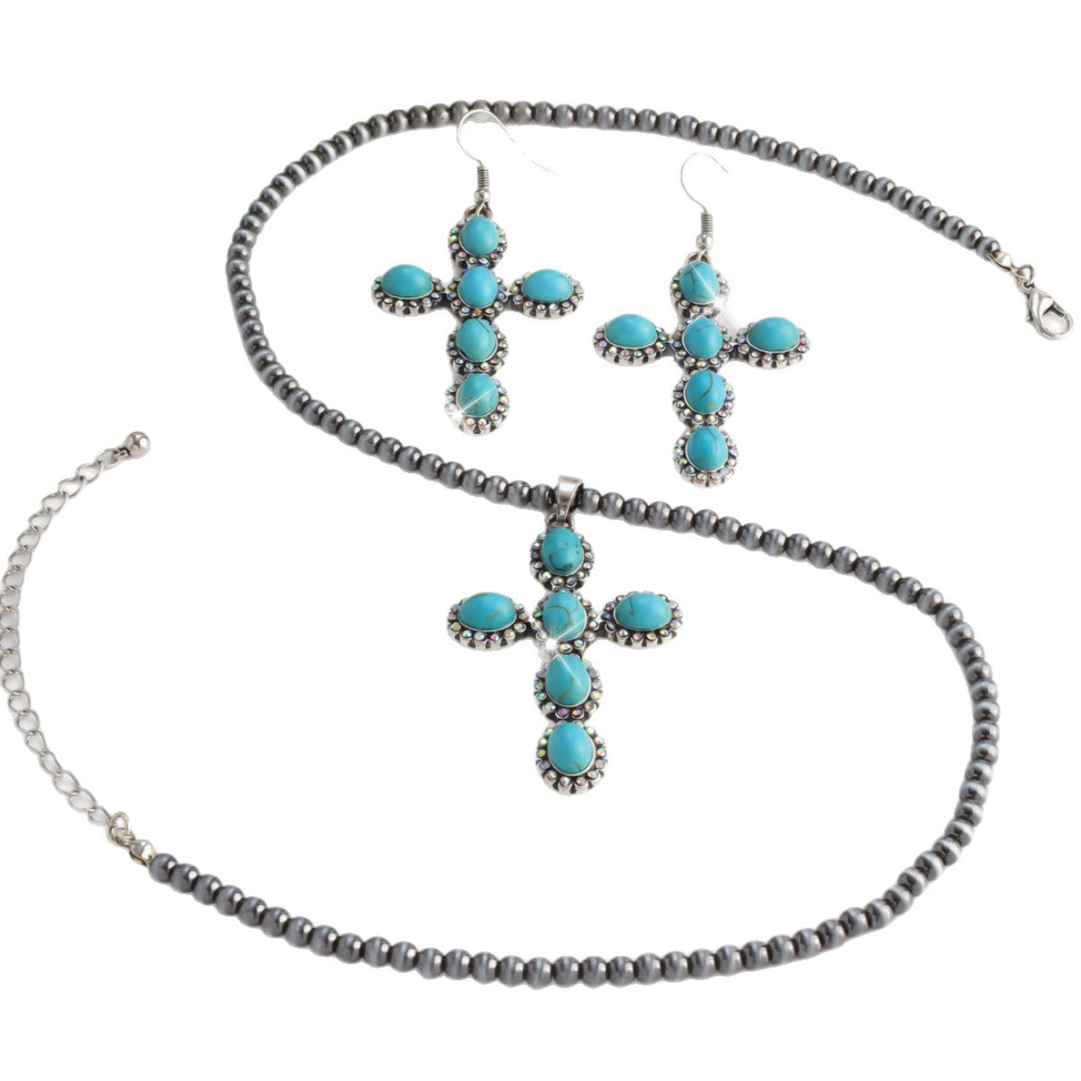 Bohemian Handmade Natural Stone Necklace For Women Featuring Turquoise Inlay And Cross Pattern