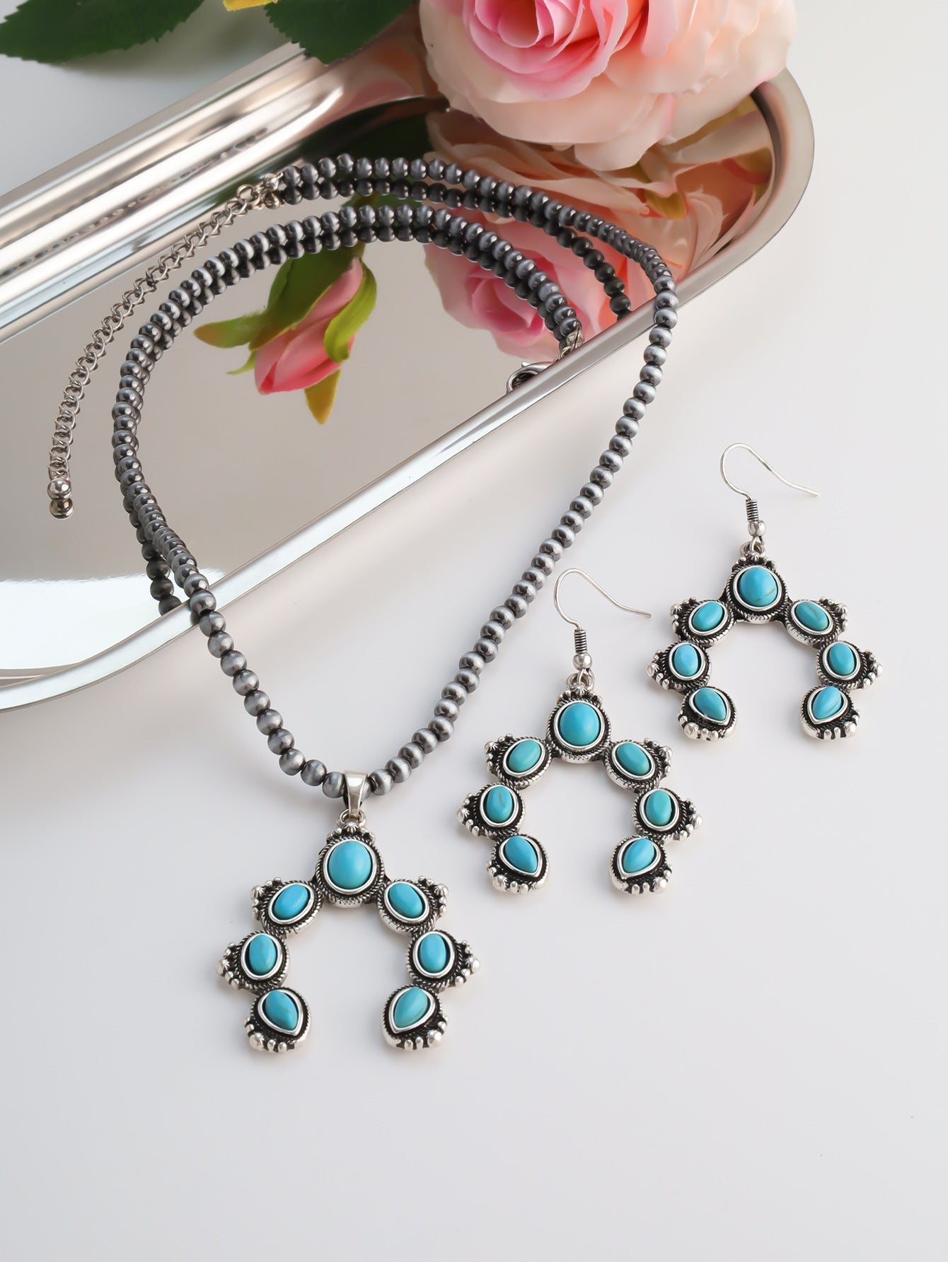 Bohemian Handmade Natural Stone Necklace For Women Featuring Turquoise Inlay And Cross Pattern