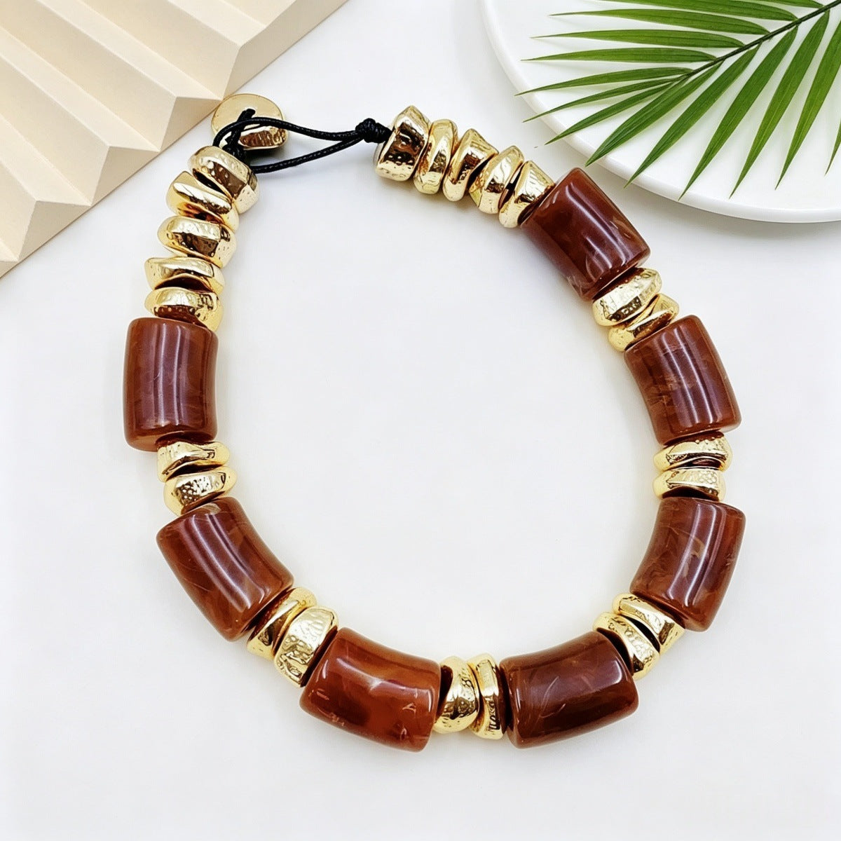 Bohemian Geometric Beaded Necklace For Women In Blue Acrylic With Tube Chain
