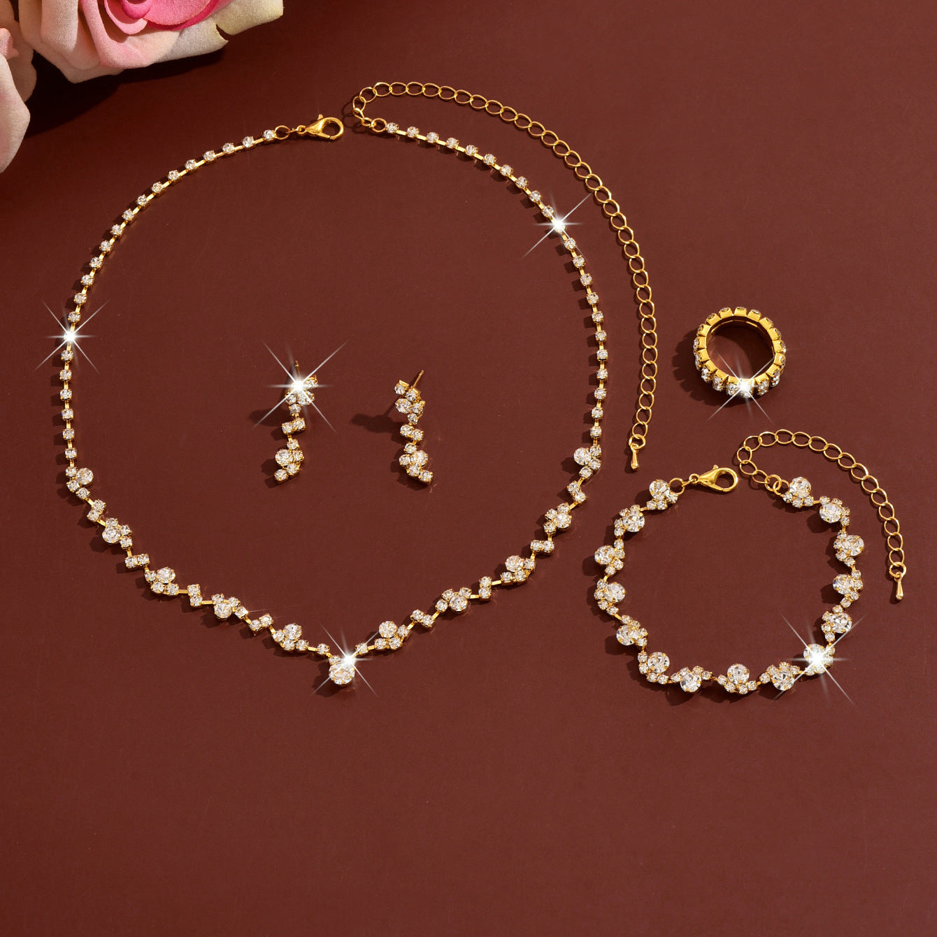 Irregular Copper Jewelry Set For Women In Simple Style With Electroplated Gold Plating And Rhinestone Inlay